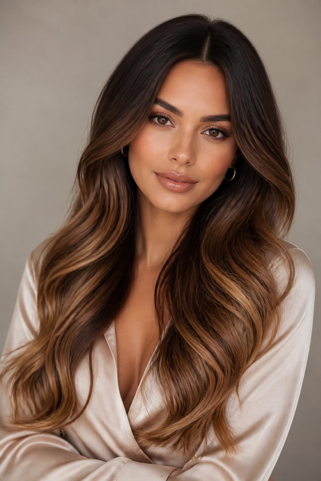 Image Prompt: A beautiful brunette woman with long soft waves and caramel ombre hair, dark chocolate brown roots blending into warm caramel mid-lengths and golden caramel ends, glossy healthy shine, center part, medium skin tone, soft natural makeup, nude glossy lips, small gold hoop earrings, cream satin blouse, clean neutral studio background, soft diffused lighting, realistic DSLR beauty editorial portrait, detailed smooth color blend and wave texture, no text, (no watermarks on images)