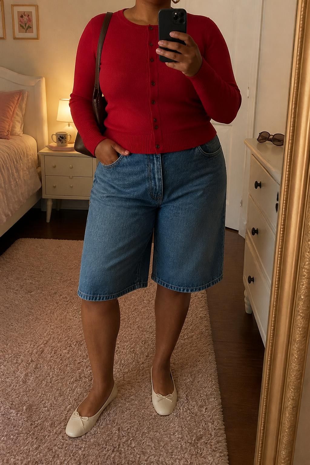 mirror selfie of a plus size Black woman wearing long blue denim jorts with a straight knee-covering fit, a fitted cherry red fine-knit cardigan buttoned as a top, cream ballet flats, a dark brown leather shoulder bag and small gold hoop earrings, wearing exactly the listed outfit with no additional garments or accessories, holding a phone in front of a mirror, cropped at NECK so the face does not show, relaxed casual selfie pose, in a feminine-themed bedroom, evening golden hour, sunglasses placed on a dresser and a coffee mug on a bedside table, natural casual latest iPhone photo quality.