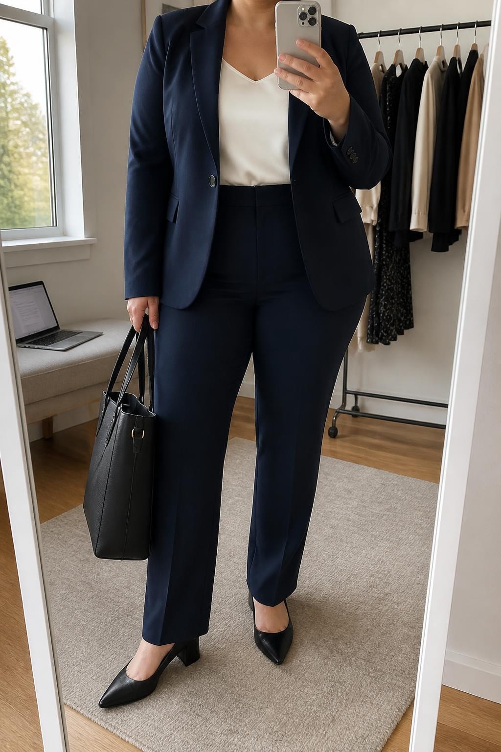 Mirror selfie of a plus size woman wearing a structured navy single-breasted blazer over an ivory satin shell top, matching high-waisted navy straight-leg trousers, black pointed block-heel pumps, and a structured black leather tote, clearly showing the exact clothing items, colors, fabrics, tailoring, footwear, and accessories listed, holding a phone in front of a mirror, cropped at the neck so the face does not show, relaxed professional selfie pose, in a minimal dressing room with natural window light, a laptop resting on a bench and a clothing rack with garments behind her, realistic interview outfit, latest iPhone photo quality.