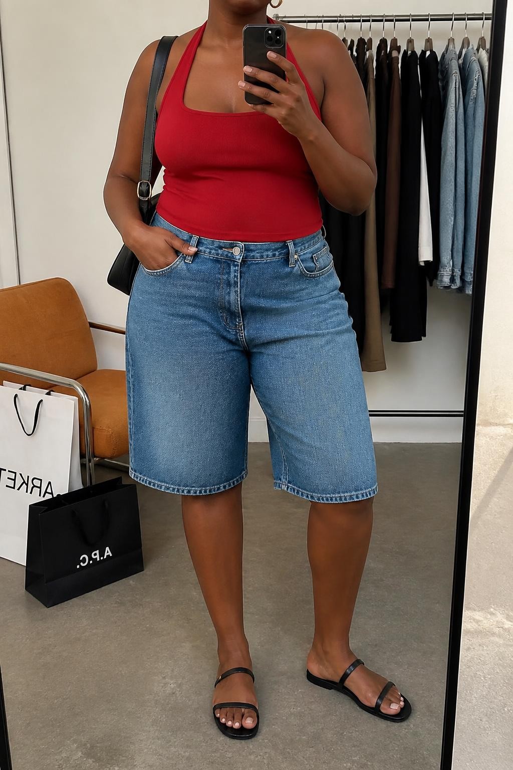mirror selfie of a plus size Black woman wearing faded medium-blue denim jorts with a relaxed knee-length fit, a fitted cherry red halter top in stretch cotton, black flat sandals with slim straps, a black leather shoulder bag and small gold hoop earrings, wearing exactly the listed outfit with no extra garments, holding a phone in front of a mirror, cropped at NECK so the face does not show, relaxed confident selfie pose, in a fashion studio mirror corner, soft indoor lighting, clothing rack with garments behind and shopping bags beside a chair, natural latest iPhone photo quality.