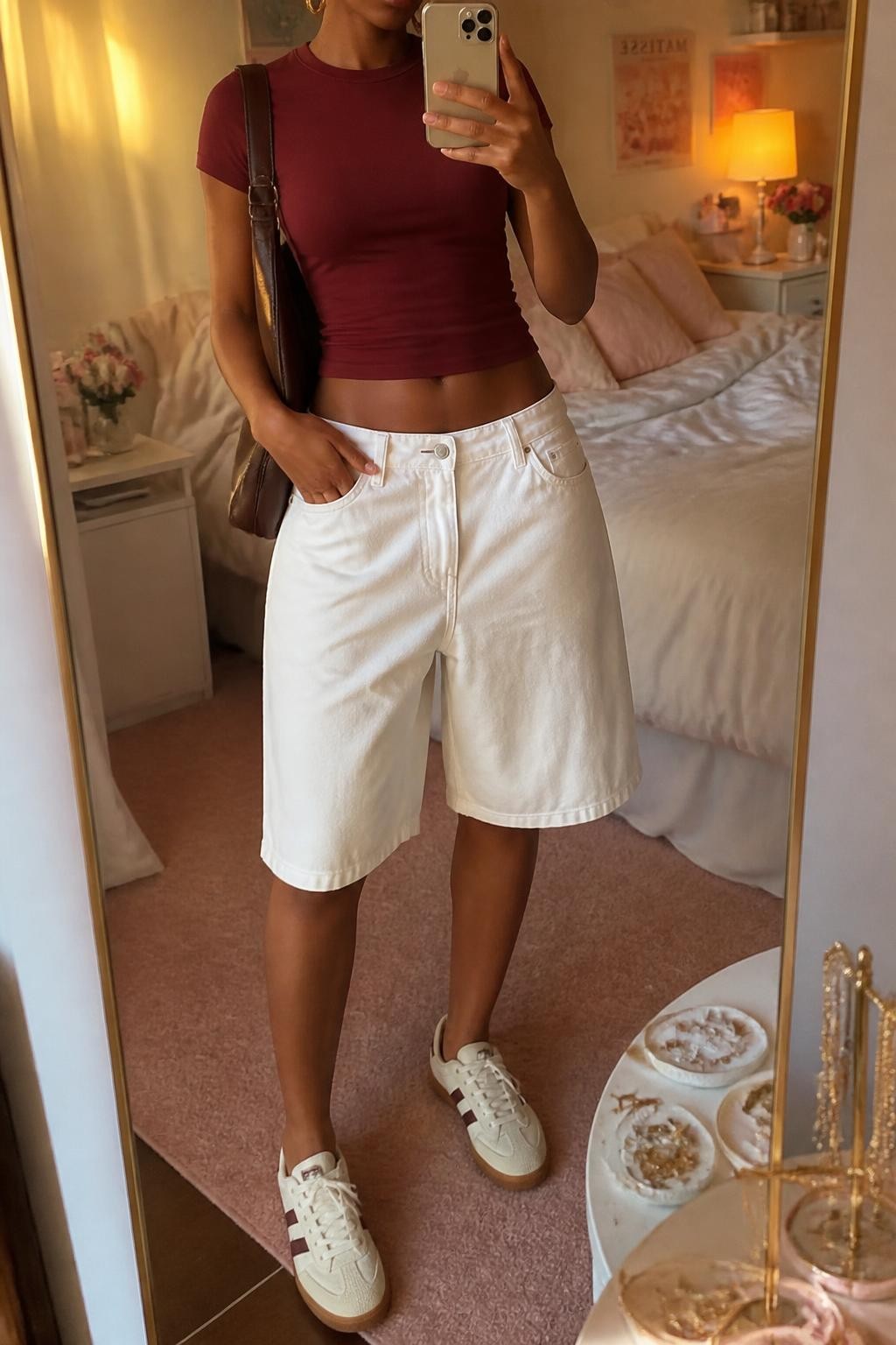 mirror selfie of a Black woman wearing baggy white denim jorts with a loose knee-length cut, a fitted burgundy cotton baby tee, cream retro sneakers, a dark brown shoulder bag and medium gold hoop earrings, wearing exactly the listed outfit with no additional clothing or accessories, holding a phone in front of a mirror, cropped at NECK so the face does not show, relaxed casual selfie pose, in a feminine-themed bedroom, evening golden hour, soft pillows on an unmade bed and a jewelry tray on the vanity, realistic casual styling, latest iPhone photo quality.