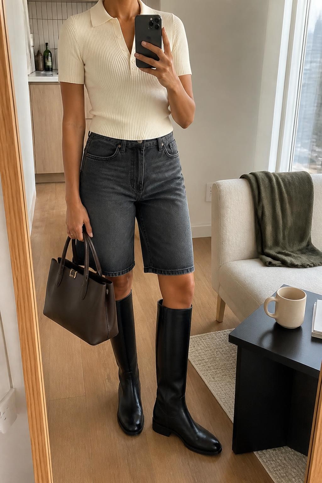 mirror selfie of a woman with warm tan skin wearing washed black knee-length denim jorts, a fitted cream fine-knit short-sleeve polo, tall black leather riding boots with a clean shaft, a structured dark brown handbag and small gold stud earrings, wearing exactly the listed outfit with no additional garments or accessories, holding a phone in front of a mirror, cropped at NECK so the face does not show, relaxed polished selfie pose, in a stylish city apartment, natural window light, coffee mug on a side table and a folded blanket on a chair, believable latest iPhone photo quality.
