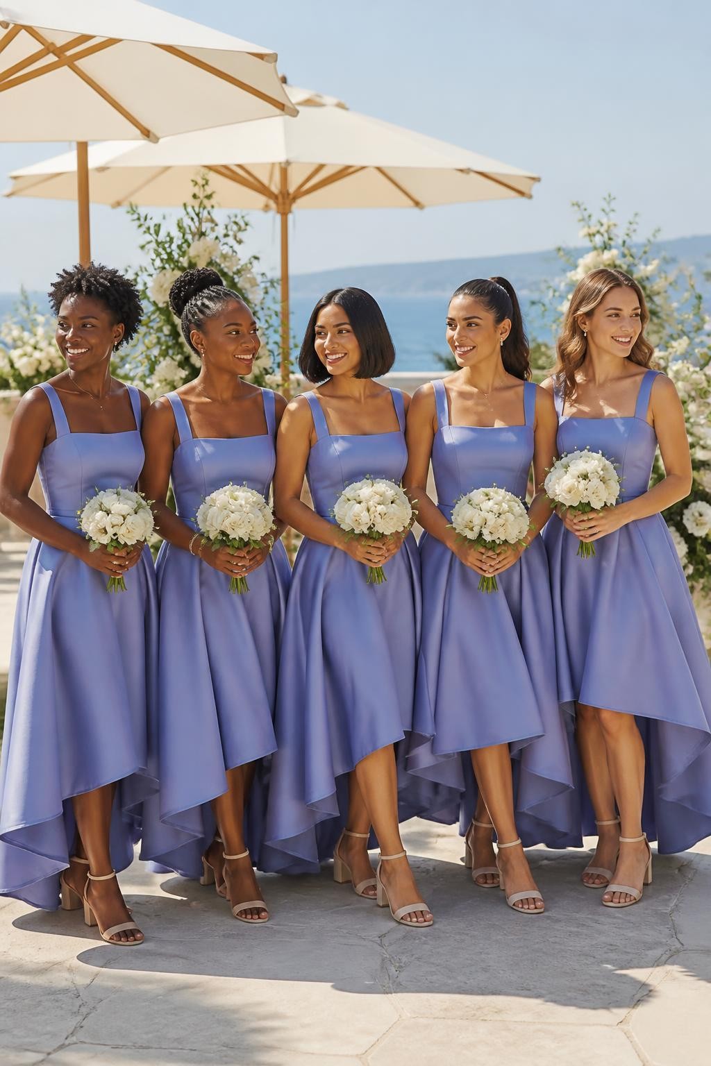 Realistic summer wedding photograph of five bridesmaids wearing periwinkle purple-blue high-low dresses with fitted square-neck bodices and sculpted skirts falling below the knee in front and near the ankle at the back, women with very deep brown, dark warm brown, golden tan, light olive, and fair peach skin tones, bright smiling faces with distinct features, realistic makeup and natural skin detail, hairstyles including short coils, braided updo, sleek bob, high ponytail, and soft curls, standing on a coastal terrace with cream umbrellas, pale stone flooring, white flowers, and calm blue water in the distance, natural sea breeze lifting the hems, elegant block heels visible, believable shadows and crisp DSLR wedding photography.
