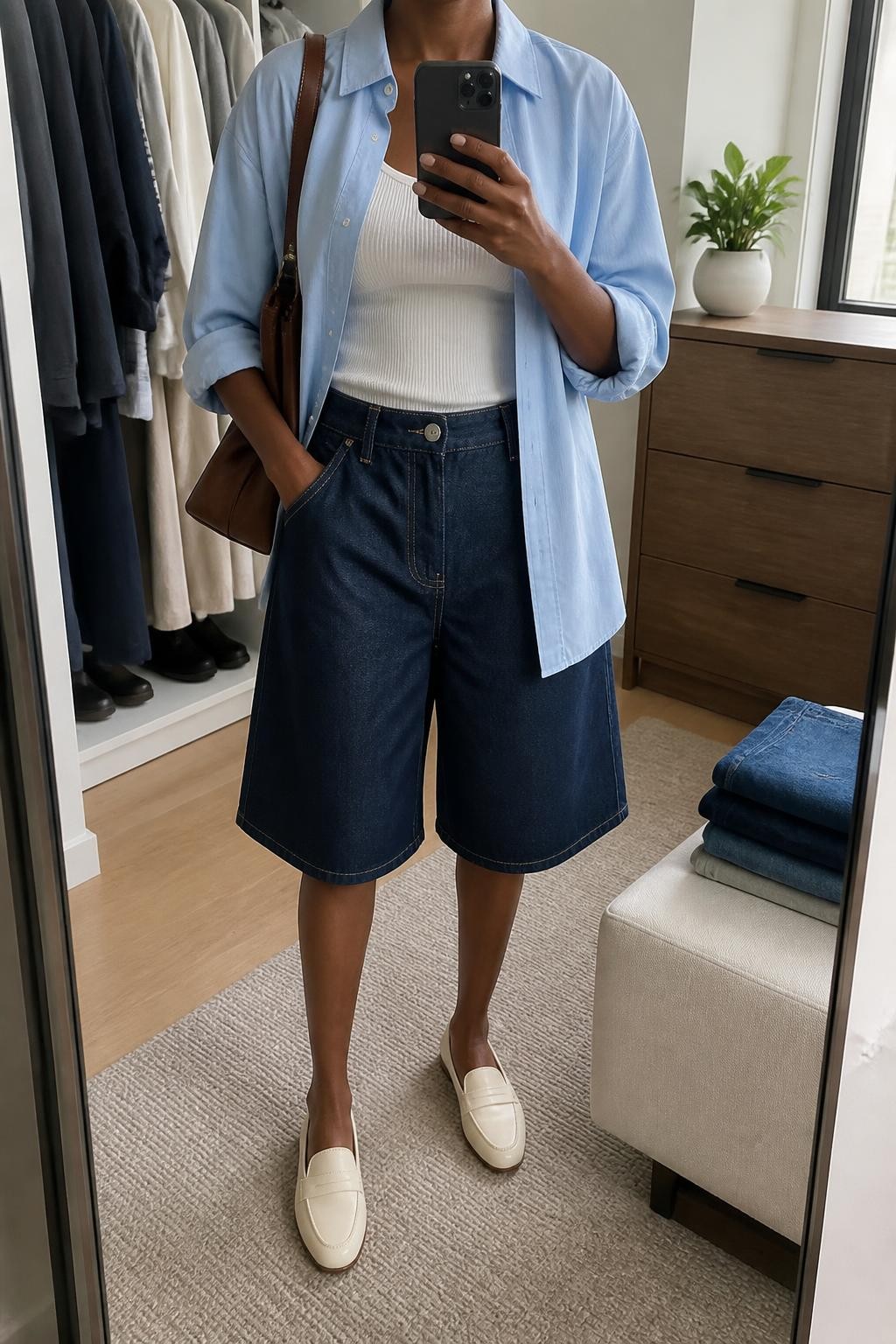 mirror selfie of a Black woman wearing dark indigo baggy denim jorts with a wide knee-length cut, a pale blue oversized cotton button-up shirt worn open over a fitted white ribbed tank, cream loafers and a brown leather shoulder bag, wearing exactly the listed clothing and accessories with nothing additional, holding a phone in front of a mirror, cropped at NECK so the face does not show, relaxed casual selfie pose, in a walk-in closet mirror, natural window light, folded denim jeans on a bench and a small plant on a dresser, realistic casual latest iPhone photo quality.