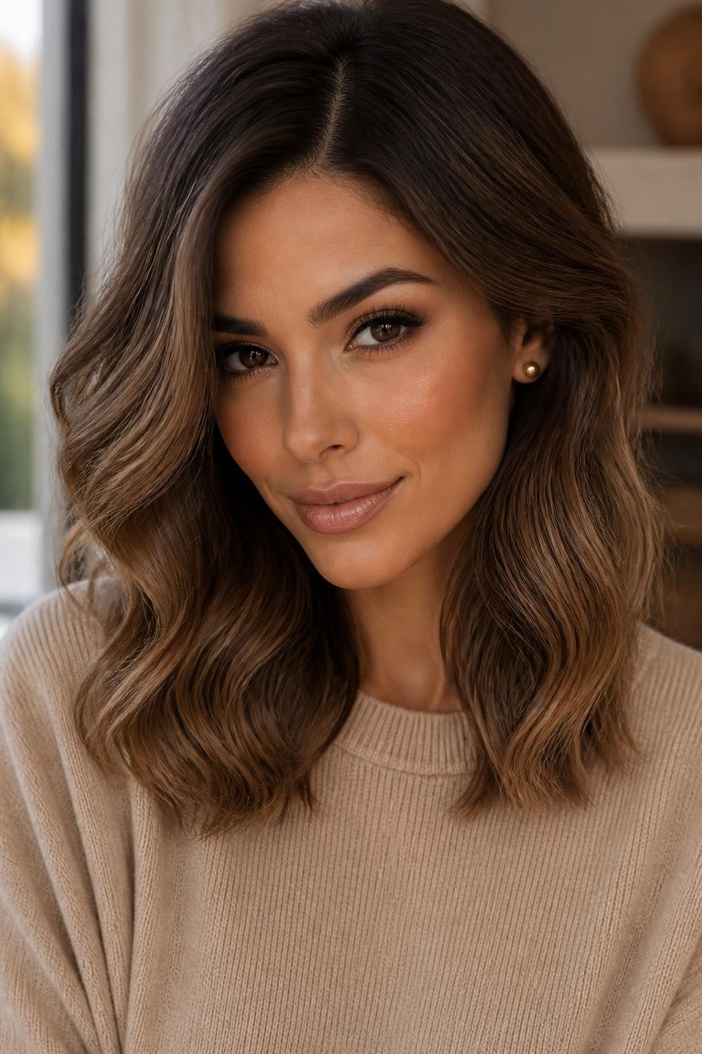 Image Prompt: A beautiful brunette woman with medium-length mocha brown ombre hair, dark espresso roots blending into soft mocha brown lengths and lighter mocha ends, smooth loose curls, warm olive skin tone, natural glam makeup, glossy nude lips, gold studs, beige knit top, cozy indoor background, soft window light, realistic DSLR beauty editorial portrait, detailed brown-on-brown color blend, no text, (no watermarks on images)