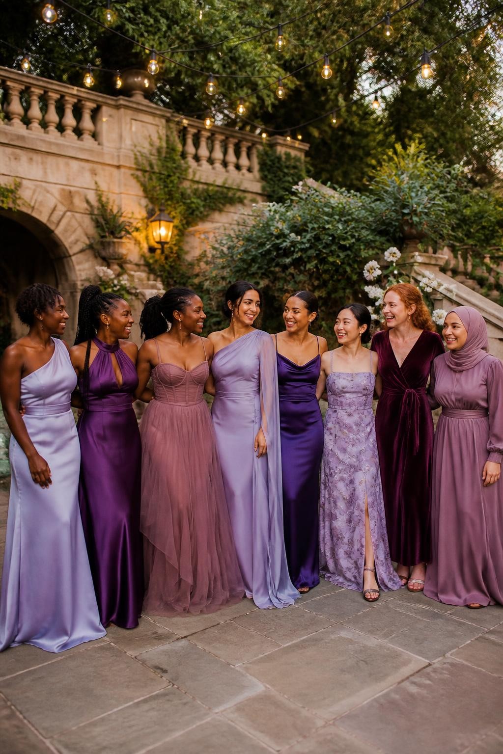 Realistic large bridal party photograph of eight bridesmaids wearing intentionally mismatched floor-length gowns in lilac, lavender, wisteria, mauve, orchid, violet, plum, and aubergine, fabrics including satin, chiffon, velvet, crepe, organza, tulle, and subtle botanical jacquard, silhouettes including one-shoulder, halter, square neck, cape sleeve, cowl neck, corset bodice, wrap dress, and open-back designs, women with very deep, deep brown, reddish brown, golden, olive, tan, East Asian fair, and pale freckled skin tones, broad representation of ages, heights, and body shapes, bright beautiful faces and genuine laughter, hairstyles including natural coils, braids, locs, waves, sleek buns, and a softly styled hijab, standing in a lush estate courtyard with cream stone, mature trees, white flowers, and warm string lights, each fabric responding differently to the evening light, realistic spacing, candid movement, and detailed DSLR wedding photography.