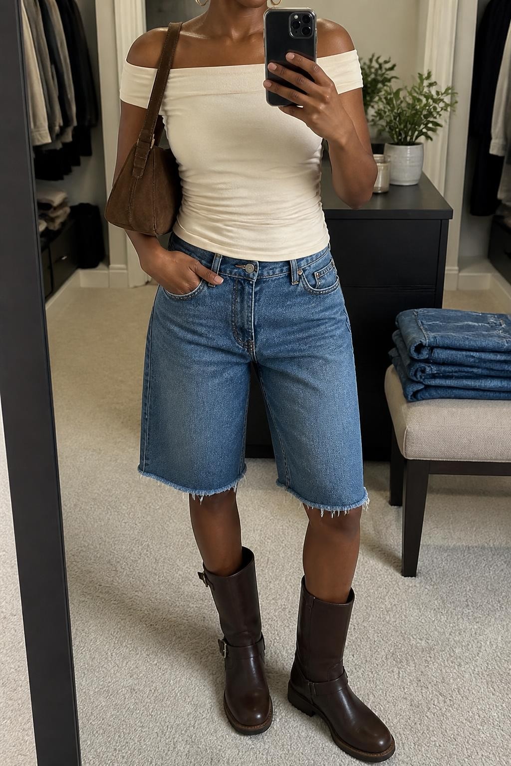 mirror selfie of a Black woman wearing relaxed medium-blue denim jorts with lightly frayed hems, a fitted cream off-shoulder cotton top, chocolate brown leather moto boots with subtle buckle details, a soft brown suede shoulder bag and medium gold hoop earrings, wearing exactly the listed clothing and accessories with no extras, holding a phone in front of a mirror, cropped at NECK so the face does not show, relaxed casual selfie pose, in a walk-in closet mirror, soft indoor lighting, folded denim jeans on a bench and a small plant on a dresser, natural latest iPhone photo quality.