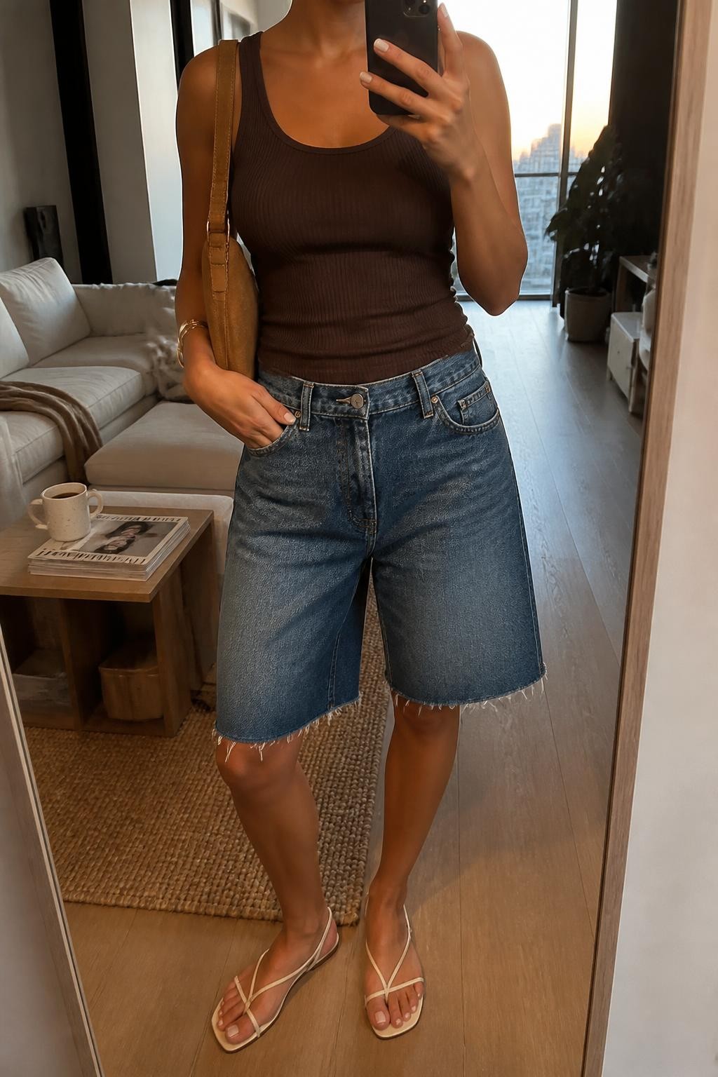 mirror selfie of a woman with light olive skin wearing raw-hem medium blue baggy denim jorts, a fitted chocolate brown ribbed tank top, cream leather sandals with slim straps, a tan suede shoulder bag and a simple gold cuff bracelet, wearing exactly the listed outfit with no extra garments, holding a phone in front of a mirror, cropped at NECK so the face does not show, relaxed casual selfie pose, in a stylish city apartment, evening golden hour, coffee mug on a side table and a stack of fashion magazines nearby, natural lived-in latest iPhone photo quality.