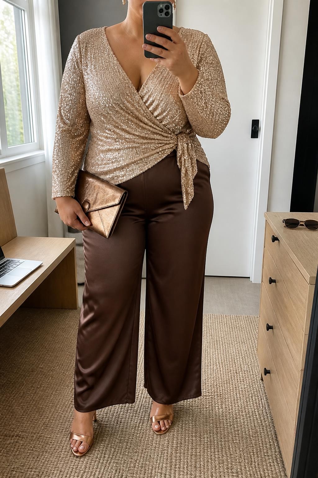 Mirror selfie of a plus size woman wearing chocolate brown satin wide-leg trousers, a champagne sequin wrap top with long sleeves, metallic bronze heeled sandals, a bronze envelope clutch, and small gold drop earrings, clearly showing the exact clothing pieces, brown satin, champagne sequins, metallic accessories, colors, and fabrics listed, holding a phone in front of a mirror, cropped at the neck so her face does not show, relaxed polished selfie stance, in a minimal dressing room with natural window light, a laptop on a bench and sunglasses placed on a dresser, realistic warm-toned Christmas party outfit, latest iPhone photo quality.