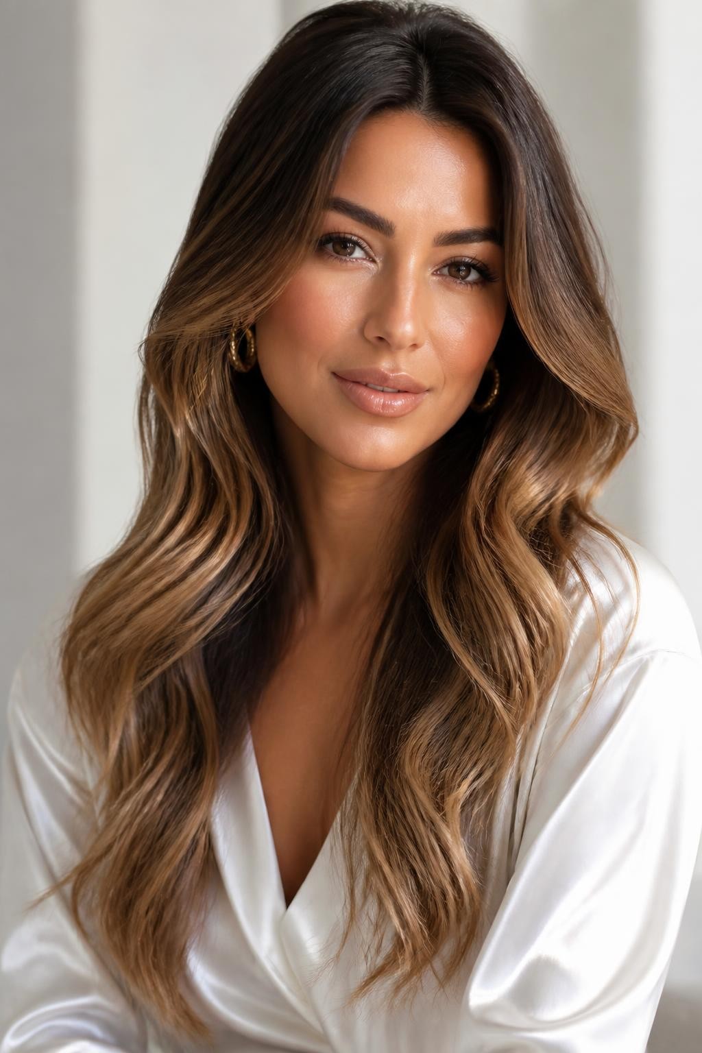 Image Prompt: A gorgeous brunette woman with long bronde ombre hair, deep brunette roots blending into warm brown-blonde mid-lengths and soft bronde ends, layered loose waves, warm medium skin tone, natural glowing makeup, nude gloss, gold earrings, white satin blouse, clean bright studio background, soft flattering light, realistic DSLR beauty editorial portrait, detailed brunette-to-blonde blend and glossy finish, no text, (no watermarks on images)
