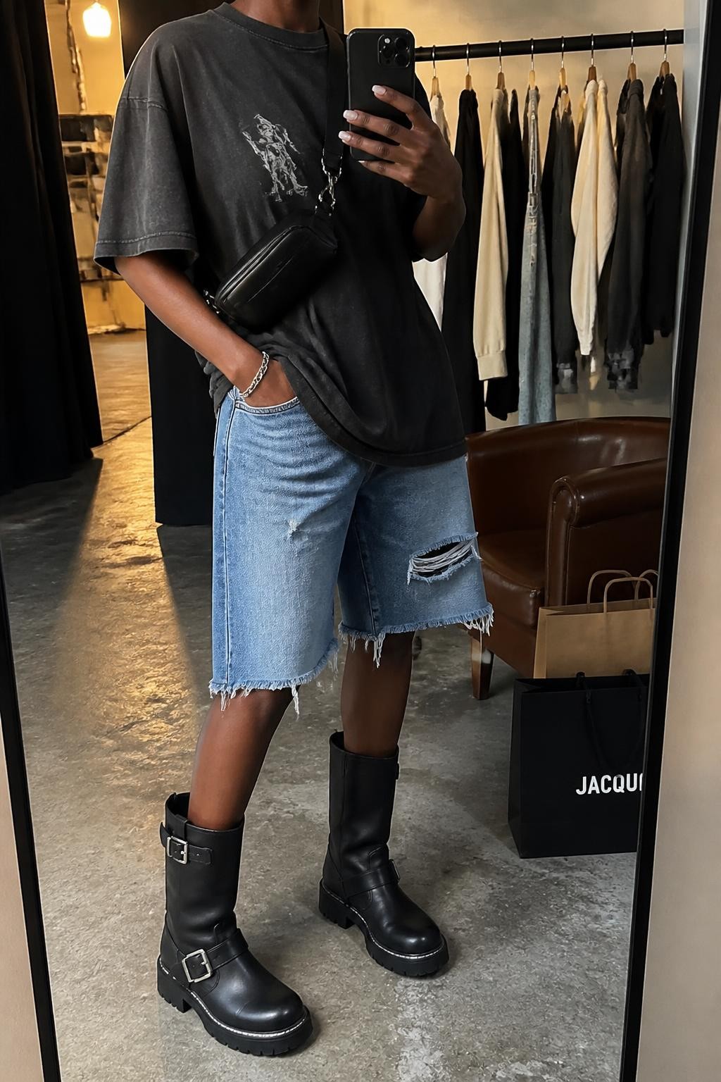 mirror selfie of a Black woman wearing distressed blue denim jorts with loose frayed hems, an oversized washed black cotton graphic T-shirt with a small faded gray graphic, chunky black leather moto boots with buckle details, a black nylon crossbody bag and a silver chain bracelet, wearing exactly the listed outfit with no added garments, holding a phone in front of a mirror, cropped at NECK so the face does not show, relaxed street-style selfie pose, in a fashion studio mirror corner, warm moody lighting, clothing rack with garments behind and shopping bags beside a chair, natural unstaged styling, latest iPhone photo quality.