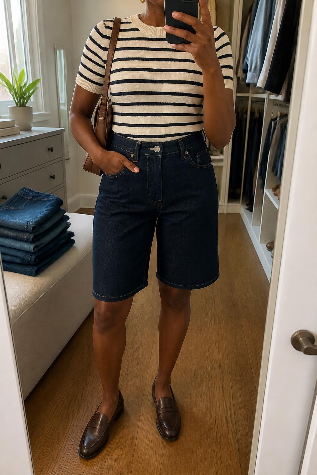 mirror selfie of a Black woman wearing dark indigo straight-cut denim jorts, a fitted cream and navy striped short-sleeve knit top, dark brown leather loafers, a structured brown shoulder bag and small gold stud earrings, wearing exactly the listed outfit with no added garments, holding a phone in front of a mirror, cropped at NECK so the face does not show, relaxed polished selfie pose, in a walk-in closet mirror, natural window light, folded denim jeans on a bench and a small plant on a dresser, believable latest iPhone photo quality.