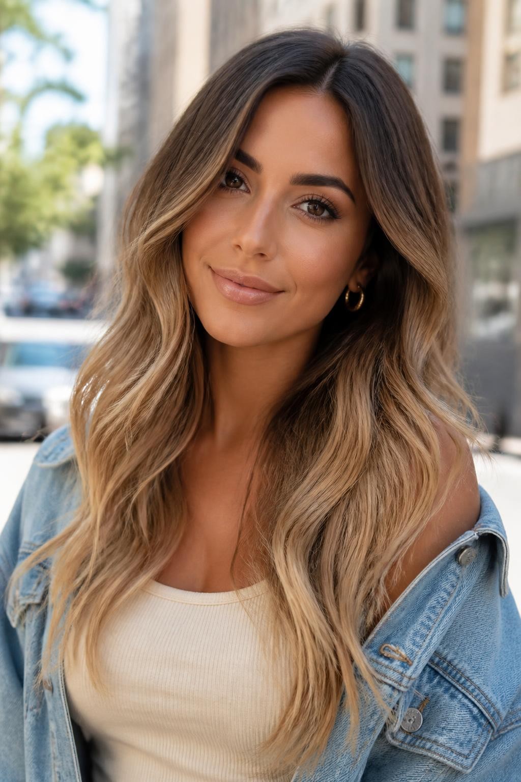 Image Prompt: A gorgeous brunette woman with long sandy blonde ombre hair, dark brunette roots fading into soft sandy blonde ends, loose natural waves, neutral medium skin tone, soft bronzed makeup, glossy nude lips, small gold earrings, cream tank top with light denim jacket, bright outdoor daylight, softly blurred city background, realistic lifestyle beauty portrait, detailed soft blonde gradient, no text, (no watermarks on images)
