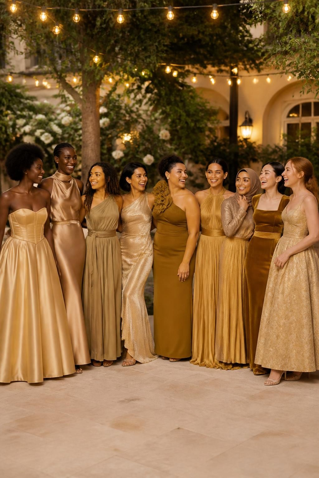 Realistic large bridal party photograph of eight bridesmaids wearing intentionally mismatched floor-length and ankle-length gowns in pale champagne gold, honey gold, antique gold, brushed gold, golden olive, bronze gold, burnished gold, and soft rose gold, fabrics including liquid satin, matte crepe, chiffon lamé, velvet, organza, jacquard, fine beaded mesh, and silk faille, silhouettes including basque-waist ball gown, scarf-neck slip, one-shoulder sash dress, asymmetrical drop-waist gown, rosette-shoulder column, pleated halter, square-neck velvet dress, and tea-length jacquard design, women with very deep, deep brown, reddish brown, golden, olive, tan, East Asian fair, and pale freckled skin tones, broad representation of ages, heights, and body shapes, bright beautiful faces and genuine laughter, hairstyles including natural coils, braids, locs, waves, sleek buns, short cuts, and softly styled hijab, standing in a lush estate courtyard with cream stone, mature trees, ivory flowers, and warm string lights, each fabric reacting differently to the evening light, realistic spacing and candid movement.
