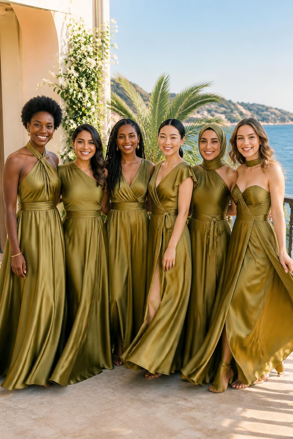 Realistic destination wedding photograph of six bridesmaids wearing golden olive satin convertible gowns styled in different ways, including twisted halter, one-shoulder drape, crossed V-neck, soft cap sleeve, strapless wrap, and scarf-neck designs, all with defined waists and fluid floor-length skirts, women of West African, Latina, South Asian, East Asian, Middle Eastern, and European appearance with deep, reddish brown, golden, olive, tan, and fair skin tones, varied body shapes and heights, bright friendly faces with natural smiles and realistic texture, hairstyles including natural coils, locs, long braids, softly wrapped hijab, sleek bun, and loose waves, standing on a coastal villa terrace with cream walls, white flowers, green palms, and blue water in the distance, natural sea breeze creating believable movement and late-afternoon light revealing the green-gold undertone.