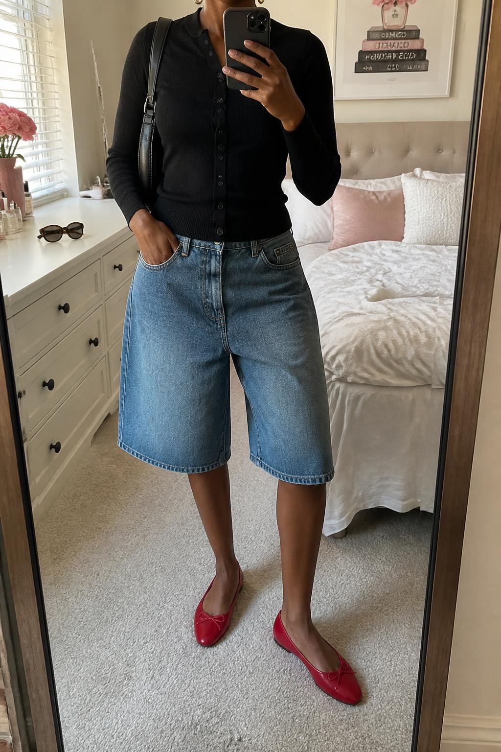 mirror selfie of a Black woman wearing medium-wash knee-length baggy denim jorts, a fitted black fine-knit cardigan buttoned as a top, red leather ballet flats, a black leather shoulder bag and small gold hoop earrings, wearing exactly the outfit listed with no extra clothing pieces, holding a phone in front of a mirror, cropped at NECK so the face does not show, relaxed casual selfie pose, in a feminine-themed bedroom, natural window light, sunglasses placed on a dresser and soft pillows on an unmade bed, believable latest iPhone photo quality.