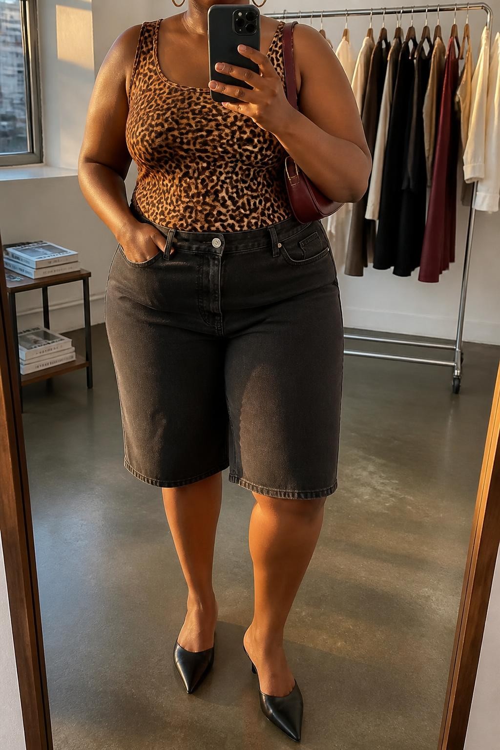 mirror selfie of a plus size Black woman wearing washed black relaxed denim jorts ending near the knee, a fitted leopard print tank in warm brown and black tones, pointed black leather flats, a burgundy shoulder bag and medium gold hoop earrings, wearing exactly the listed clothing and accessories without extra garments, holding a phone in front of a mirror, cropped at NECK so the face does not show, relaxed confident selfie pose, in a fashion studio mirror corner, evening golden hour, clothing rack with garments behind and a stack of fashion magazines on a side table, natural latest iPhone photo quality.