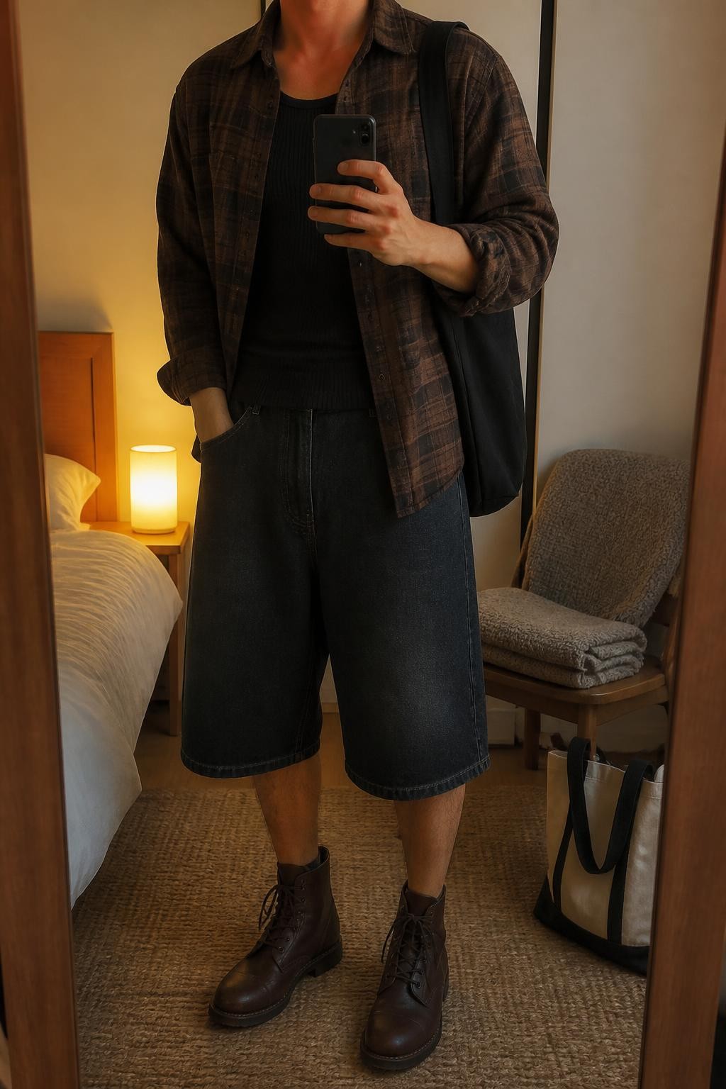 mirror selfie of a man with warm olive skin wearing oversized washed black denim jorts, an open brown and charcoal plaid cotton flannel shirt over a fitted black ribbed tank, dark brown lace-up leather boots and a black canvas shoulder bag, wearing exactly the outfit pieces listed without additional garments or accessories, holding a phone in front of a mirror, cropped at NECK so the face does not show, relaxed masculine casual selfie pose, in a cozy bedroom mirror setup, evening golden hour, folded blanket on a chair and a tote bag resting on the floor, realistic casual latest iPhone photo quality.