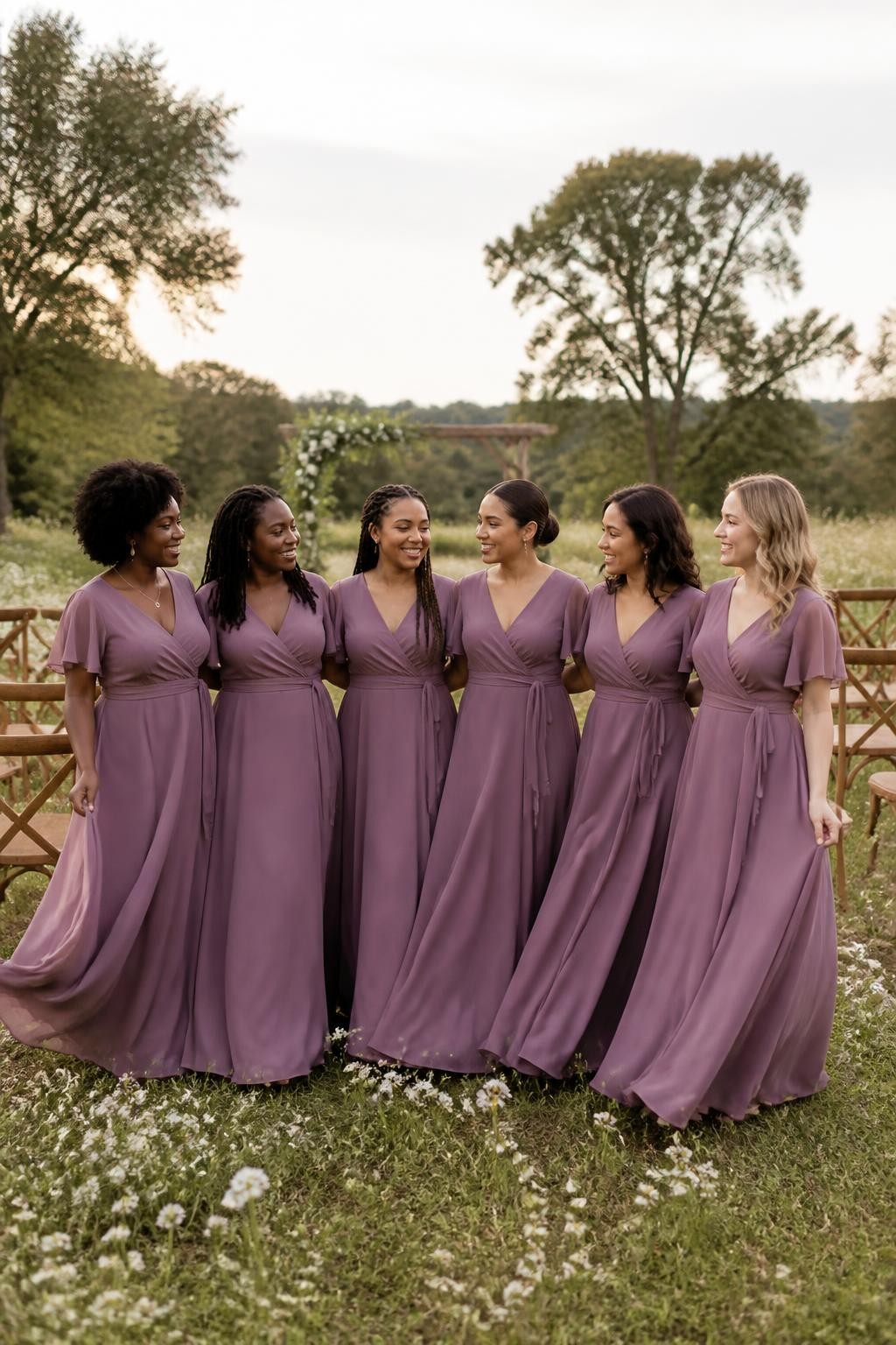 Realistic countryside wedding photograph of six bridesmaids wearing soft mulberry chiffon wrap dresses with crossed V-necklines, adjustable waist ties, flutter sleeves, and flowing floor-length skirts, women with deep ebony, rich brown, medium brown, golden tan, olive, and fair skin tones, varied ages, bust sizes, heights, and body shapes represented naturally, bright friendly faces, realistic skin texture and light makeup, hairstyles including a rounded afro, shoulder-length locs, long braids, smooth low bun, layered curls, and loose waves, standing in an open meadow ceremony space with cream wildflowers, wooden chairs, mature trees, and a soft late-afternoon sky, light wind moving the sleeves and skirts, authentic chiffon transparency and candid group interaction, human DSLR photo-realistic style.