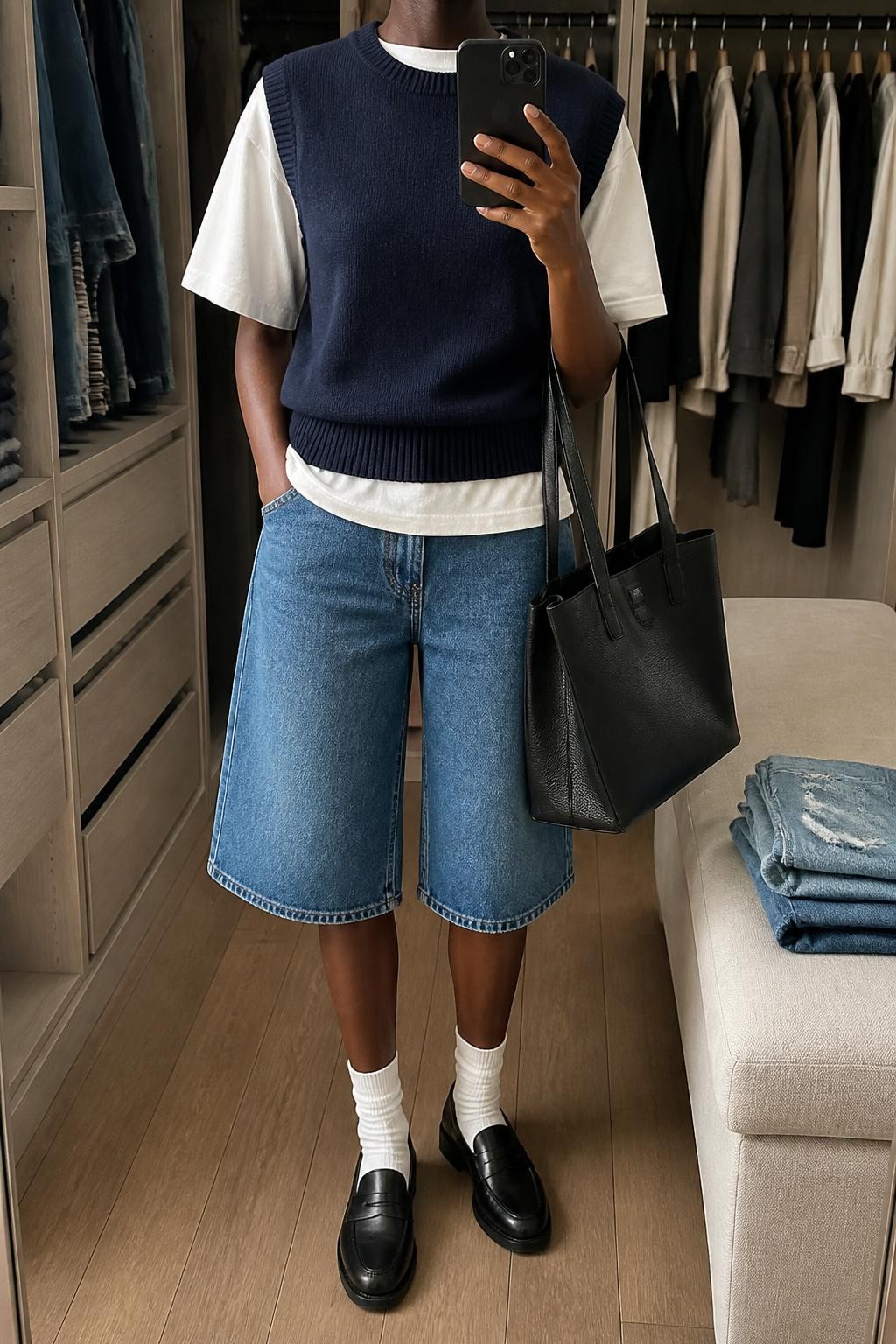 mirror selfie of a Black woman wearing long vintage-wash blue denim jorts, a navy fine-knit sleeveless sweater vest layered over a crisp oversized white cotton T-shirt, polished black leather loafers, white ribbed crew socks and a black leather tote bag, wearing exactly the listed outfit without extra garments or accessories, holding a phone in front of a mirror, cropped at NECK so the face does not show, relaxed polished selfie pose, in a walk-in closet mirror, soft indoor lighting, open closet with clothes visible and folded denim jeans on a bench, natural latest iPhone photo quality.