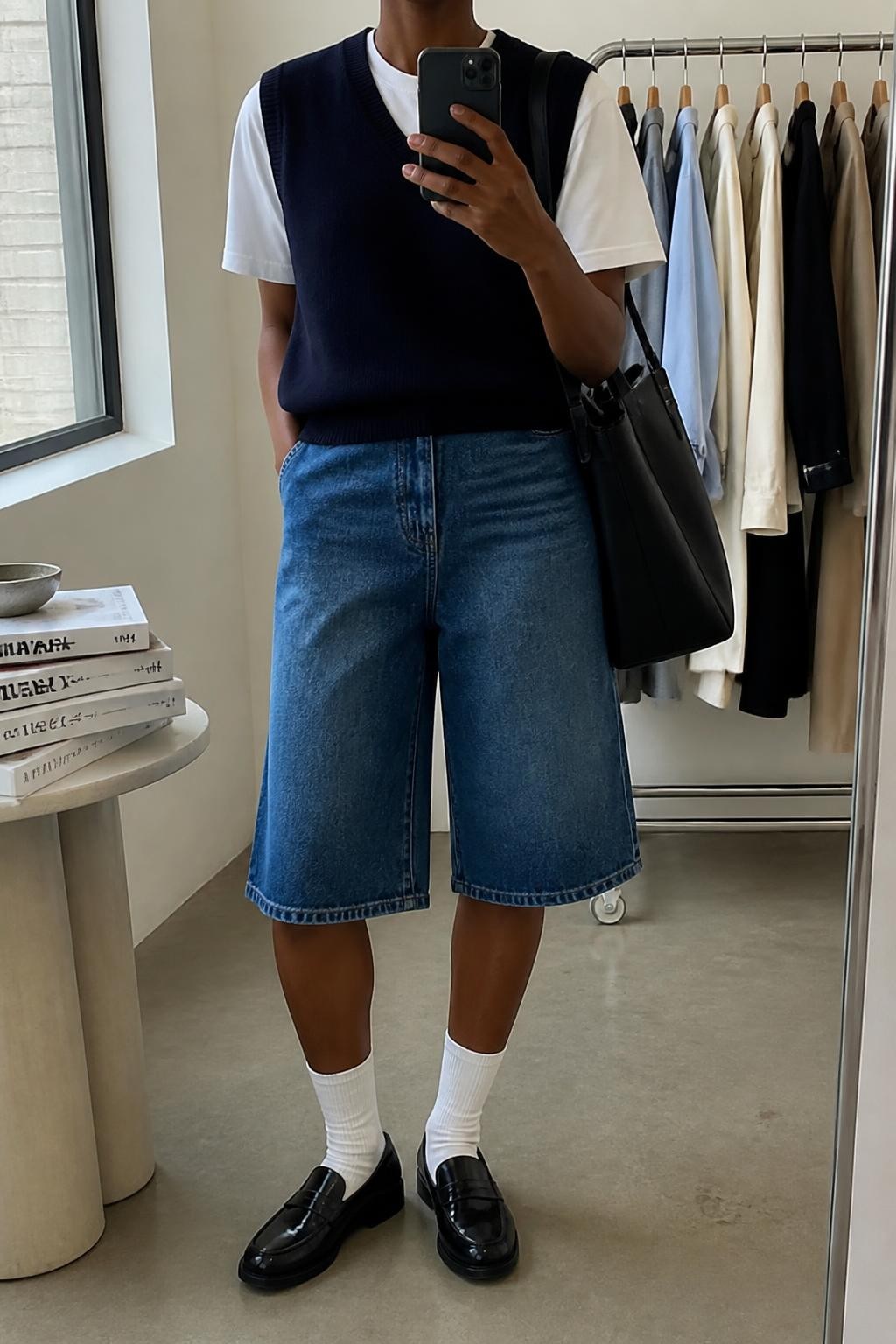 mirror selfie of a Black woman wearing long blue denim jorts ending just below the knee, a navy fine-knit sleeveless sweater vest layered over a crisp white cotton T-shirt, polished black leather loafers, white ribbed crew socks and a black leather tote bag, wearing exactly the listed outfit with no additional garments, holding a phone in front of a mirror, cropped at NECK so the face does not show, relaxed preppy selfie pose, in a fashion studio mirror corner, natural window light, clothing rack with garments behind and a stack of fashion magazines on a side table, realistic latest iPhone photo quality.