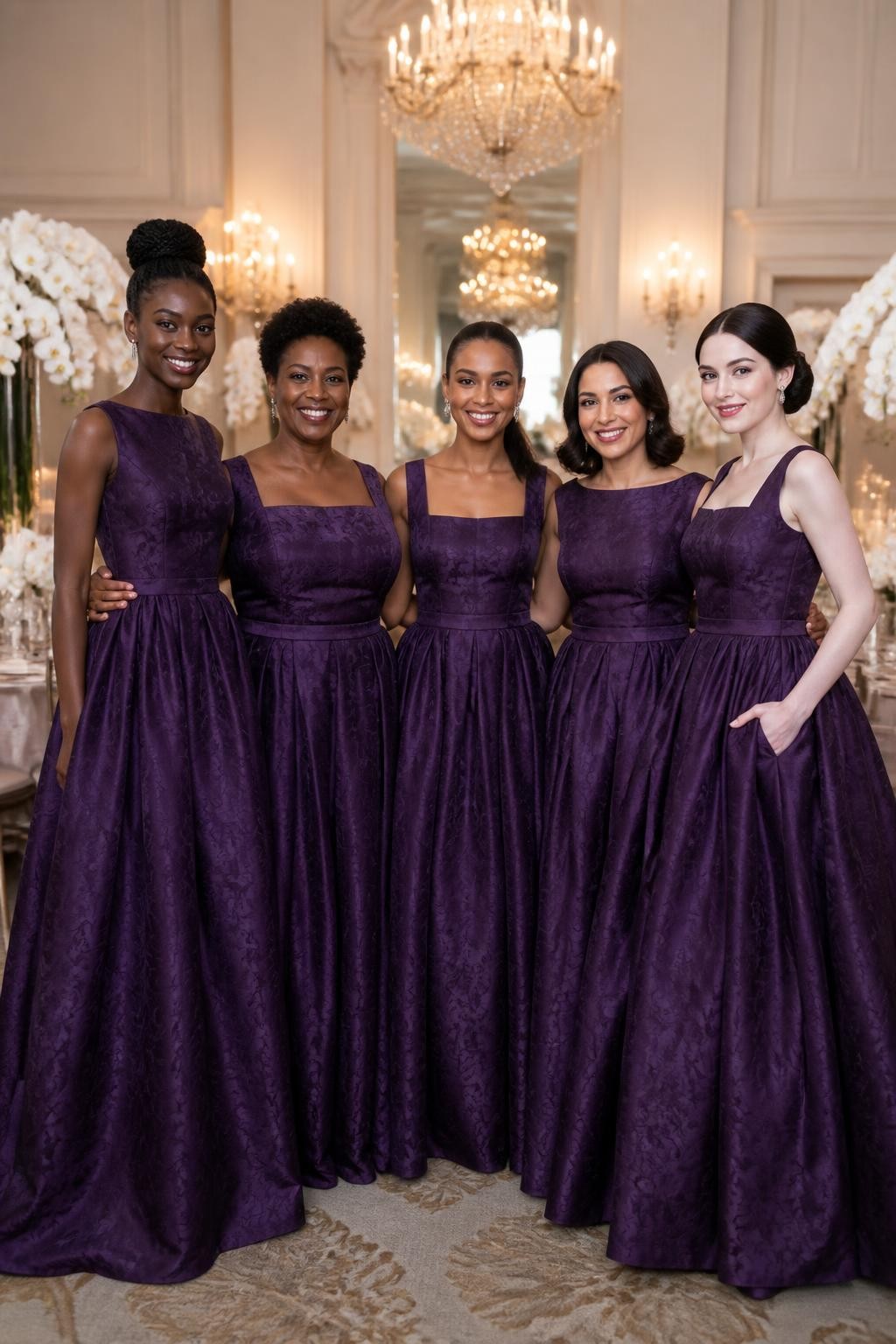 Realistic formal ballroom wedding portrait of five bridesmaids wearing grape purple jacquard ball gowns with subtle woven botanical patterns, structured bateau and square necklines, defined waists, and full floor-length skirts, women with deep cool brown, rich warm brown, caramel, olive, and porcelain complexions, different ages, heights, and body shapes, bright poised faces with natural makeup, hairstyles including a high braided bun, short sculpted curls, glossy ponytail, shoulder-length waves, and a classic chignon, standing inside an elegant ballroom with ivory walls, antique chandeliers, candlelit tables, and white orchid arrangements, directional light revealing the woven pattern without excessive shine, realistic fabric weight and deep natural skirt folds, luxurious DSLR editorial photography.