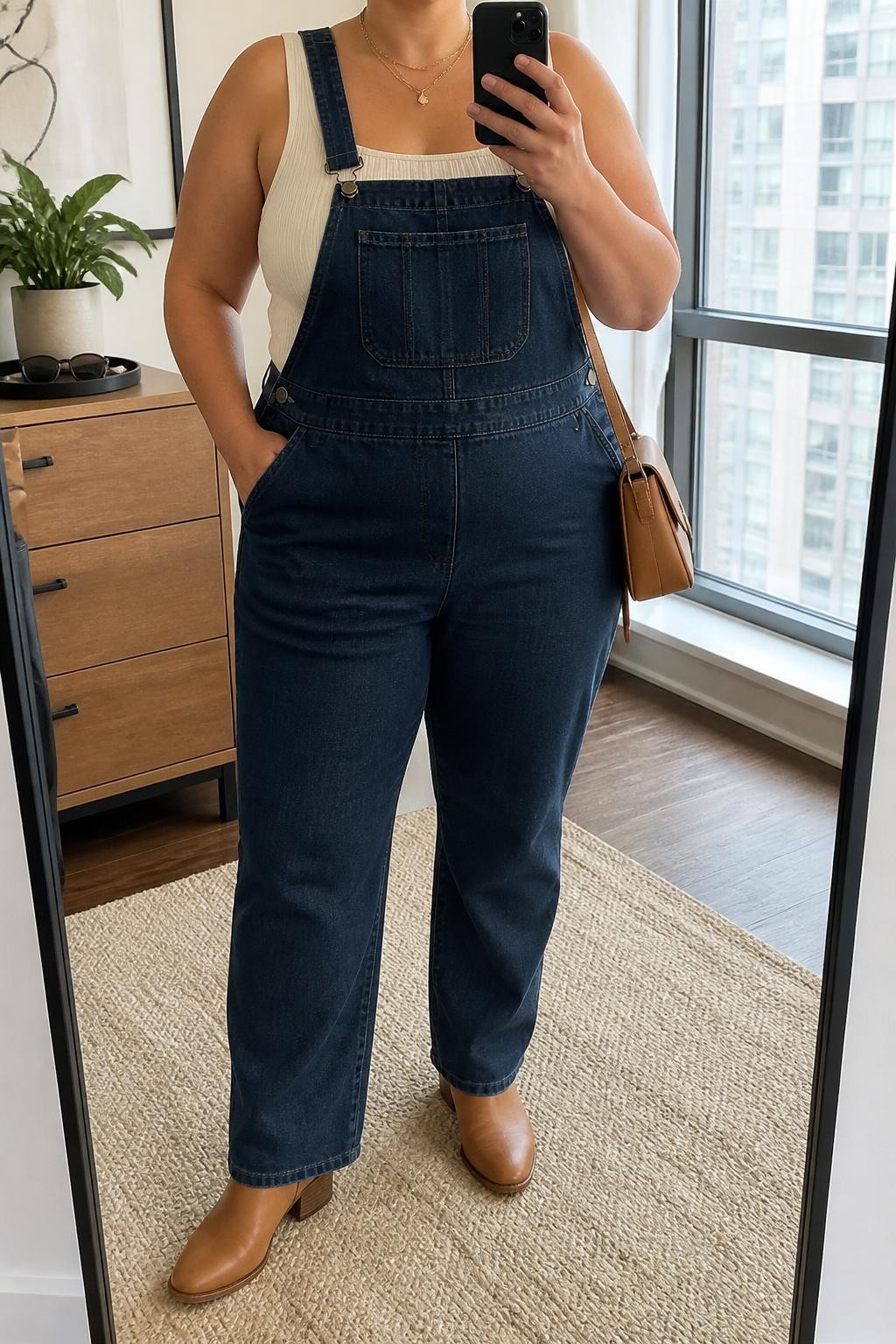 Mirror selfie of a plus size woman wearing dark indigo relaxed straight-leg denim overalls with adjustable straps and a front bib pocket, layered over a fitted cream ribbed square-neck tank top, tan leather ankle boots with low block heels, and a structured camel crossbody bag, clearly showing the exact clothing items, dark denim wash, cream ribbed fabric, tan footwear, and accessories listed, holding a phone in front of a mirror, cropped at the neck so the face does not show, relaxed casual selfie pose, in a stylish city apartment with natural window light, sunglasses placed on a dresser and a small plant nearby, natural unstaged appearance, latest iPhone photo quality.