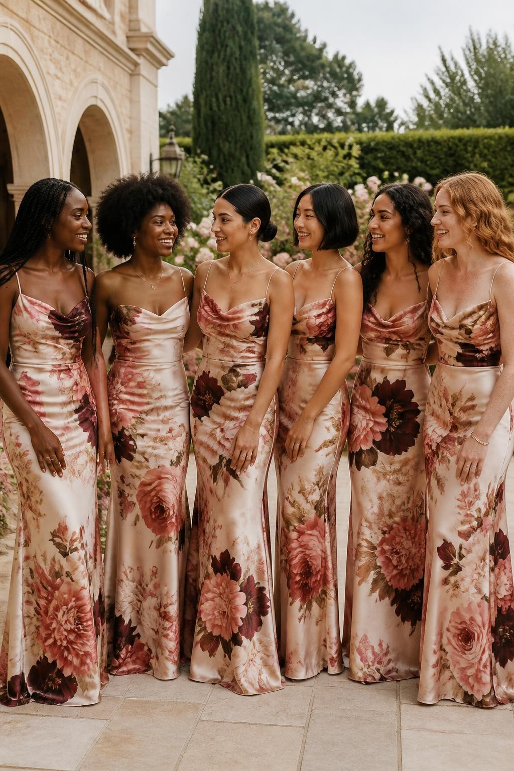 Realistic full-frame DSLR wedding photograph of six bridesmaids wearing floor-length satin column dresses printed with oversized painterly peonies in blush pink, coral, burgundy, and soft cream over a muted ivory base, each bloom large enough to cross naturally over bodice seams and skirt panels, dresses featuring softly draped cowl necklines and gentle diagonal waist ruching, women with deep ebony, rich mahogany, warm caramel, South Asian olive, East Asian light beige, and fair freckled skin tones, naturally varied heights, ages, bust sizes, and body shapes, bright beautiful faces with distinct features, realistic skin texture, subtle makeup suited to each complexion, hairstyles including knotless braids, a rounded afro, sleek low bun, glossy bob, long curls, and loose waves, standing in a cream-stone garden courtyard with clipped hedges and pale roses, warm late-afternoon daylight, authentic satin folds, relaxed conversation, and no repeated facial features.