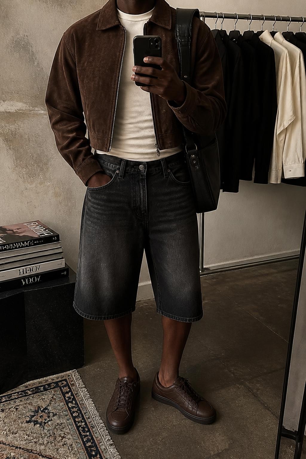 mirror selfie of a Black man wearing faded black knee-length denim jorts, a cropped chocolate brown suede jacket over a fitted cream cotton T-shirt, dark brown leather sneakers and a black leather shoulder bag, wearing exactly the listed clothing and accessories without any additional items, holding a phone in front of a mirror, cropped at NECK so the face does not show, relaxed masculine selfie pose, in a fashion studio mirror corner, warm moody lighting, stack of fashion magazines on a side table and a clothing rack behind, realistic natural materials and latest iPhone photo quality.