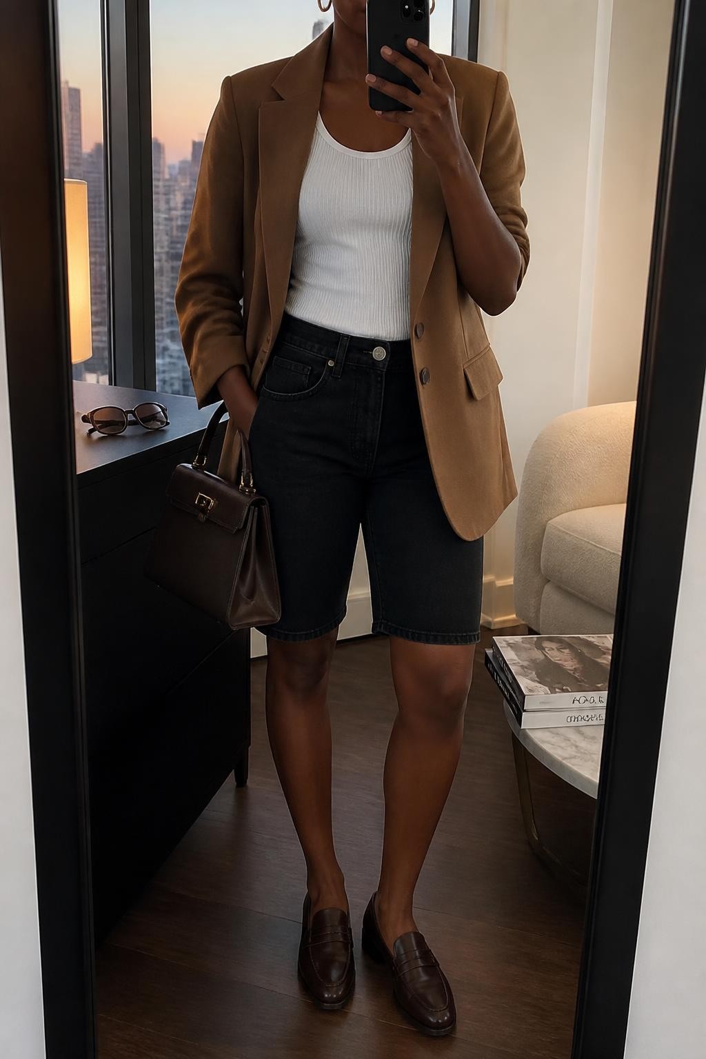 mirror selfie of a Black woman wearing clean black straight-cut denim jorts, a fitted white ribbed cotton tank top, a relaxed camel brown blazer, polished dark brown leather loafers, a structured dark brown handbag and small gold hoop earrings, wearing exactly the listed clothing and accessories with no additional pieces, holding a phone in front of a mirror, cropped at NECK so the face does not show, relaxed polished selfie pose, in a stylish city apartment, evening golden hour, sunglasses placed on a dresser and a stack of fashion magazines on a side table, realistic latest iPhone photo quality.