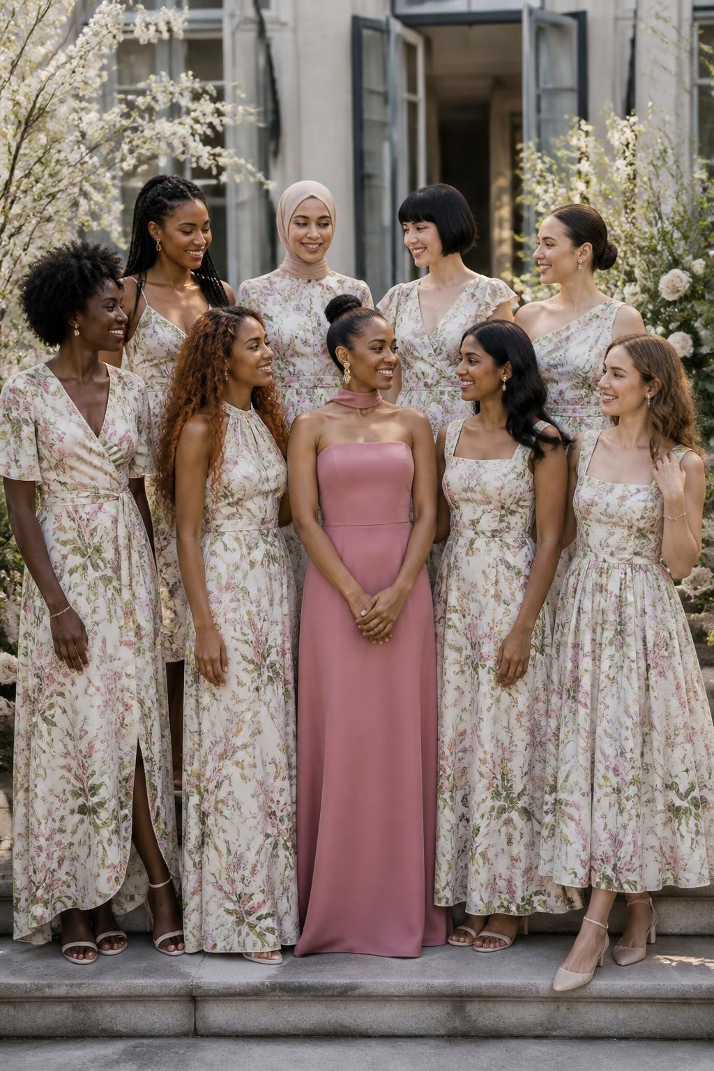 Realistic spring estate wedding photograph of seven bridesmaids wearing coordinated cream-based botanical print dresses with green leaves, pale pink roses, lilac flowers, and soft peach blossoms, different rewearable silhouettes including wrap maxi, cowl slip, halter gown, flutter-sleeve dress, square-neck column, one-shoulder style, and tea-length full skirt, alongside a maid of honor wearing a solid muted rose basque-waist gown with a small matching floral scarf, women with very deep brown, dark warm brown, cinnamon, golden tan, South Asian olive, East Asian fair, and pale rosy skin tones, naturally varied ages and body shapes, bright expressive faces and realistic skin texture, hairstyles including natural coils, braids, locs, smooth hijab, bob, waves, and sleek bun, standing on the steps of a cream manor surrounded by white roses and flowering branches, soft natural daylight and believable dress construction.