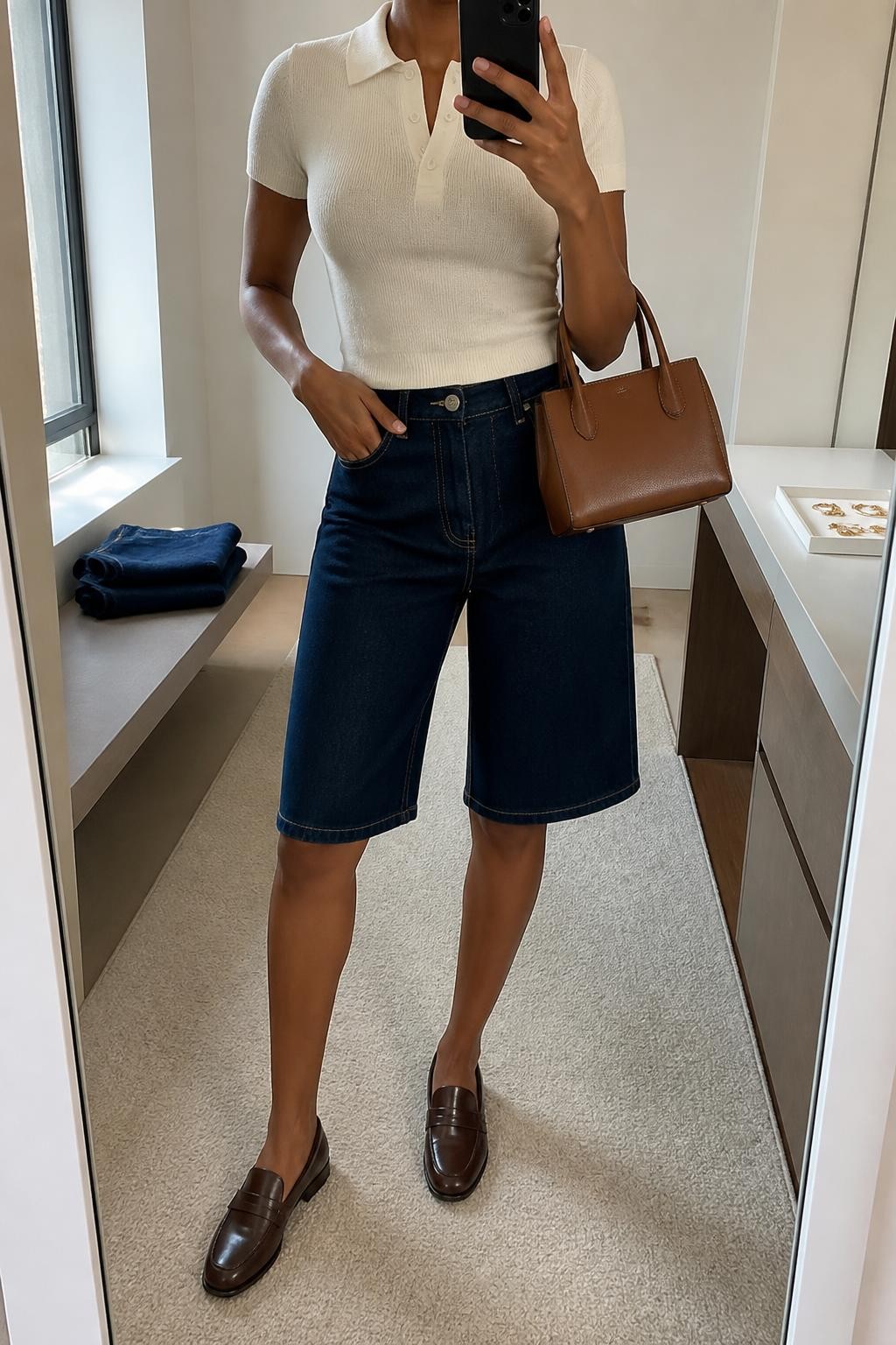 mirror selfie of a Black woman wearing dark indigo straight-cut long denim jorts, a fitted cream short-sleeve fine-knit polo, dark brown leather loafers, a structured brown leather handbag and small gold stud earrings, wearing exactly the listed outfit without any extra garments or accessories, holding a phone in front of a mirror, cropped at NECK so the face does not show, relaxed polished selfie pose, in a minimal dressing room, natural window light, folded denim jeans on a bench and a jewelry tray on the vanity, realistic fabric texture, latest iPhone photo quality.
