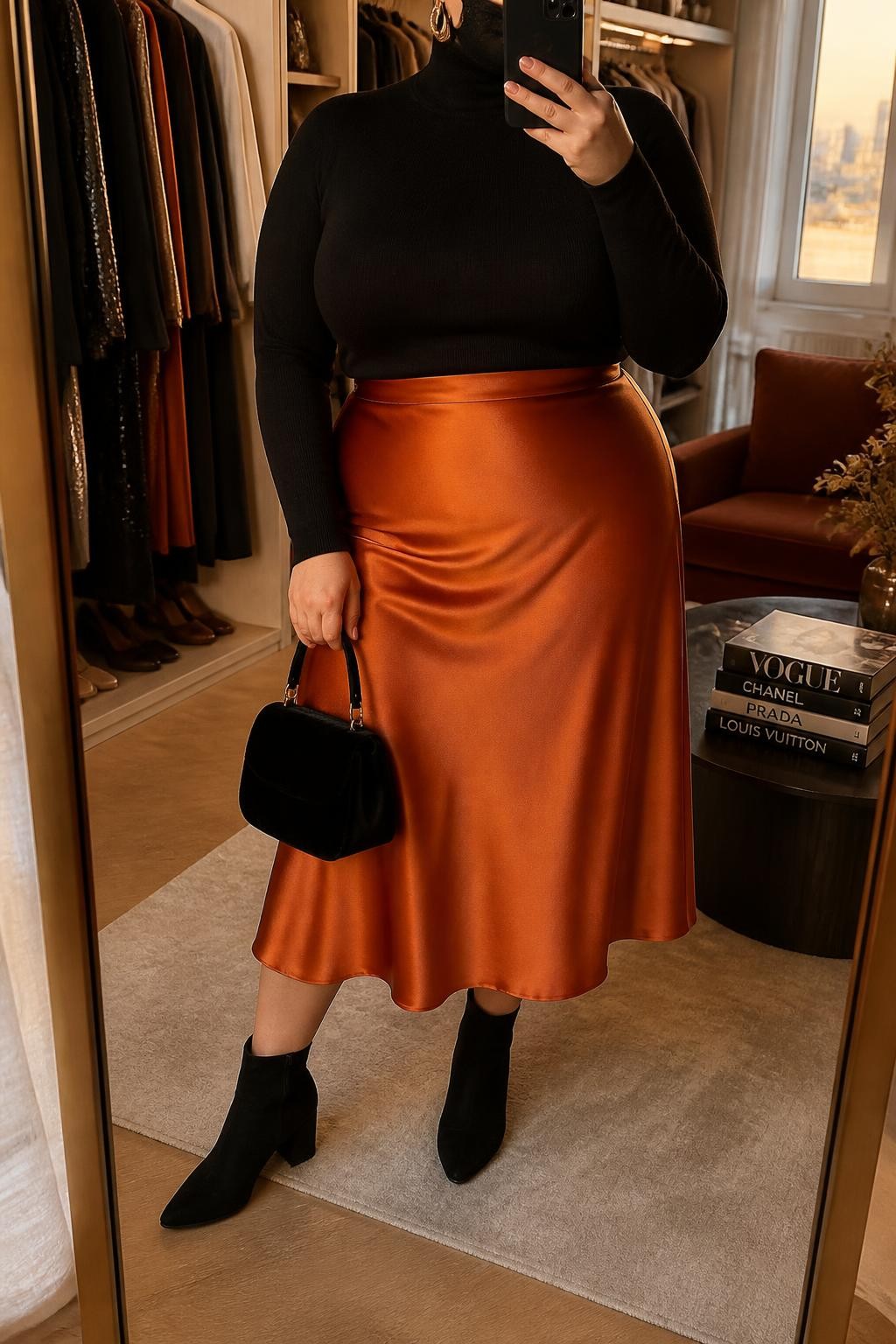 Mirror selfie of a plus size woman wearing a burnt orange satin high-waisted midi skirt with a fluid A-line shape, a fitted black long-sleeve turtleneck, black suede ankle boots with block heels, a small black velvet handbag, and chunky gold cuff earrings, clearly showing the exact clothing items, burnt orange satin, black knit, footwear, and accessories listed, holding a phone in front of a mirror, cropped at the neck so the face is hidden, relaxed elegant selfie pose, in a walk-in closet mirror with evening golden-hour lighting, an open closet with clothes visible and a stack of fashion magazines on a side table, realistic Thanksgiving celebration styling, latest iPhone photo quality.