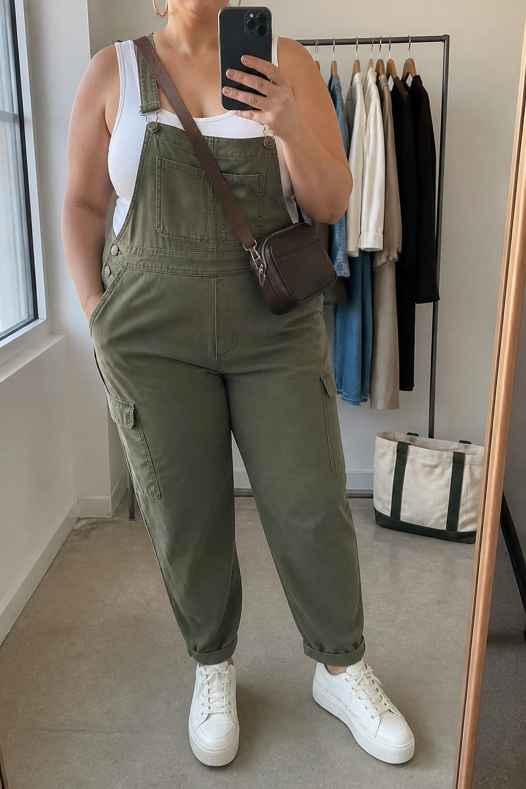 Mirror selfie of a plus size woman wearing olive green utility overalls with tapered legs, adjustable straps, and flat front pockets, layered over a fitted white scoop-neck bodysuit, cream platform sneakers, a compact dark brown nylon crossbody bag, and chunky gold hoop earrings, clearly showing the exact clothing items, olive fabric, utility pockets, white top, footwear, and accessories listed, holding a phone in front of a mirror, cropped at the neck so her face does not show, relaxed confident selfie stance, in a minimal dressing room with natural window light, a clothing rack with garments behind her and a tote bag resting on the floor, realistic weekend styling, latest iPhone photo quality.