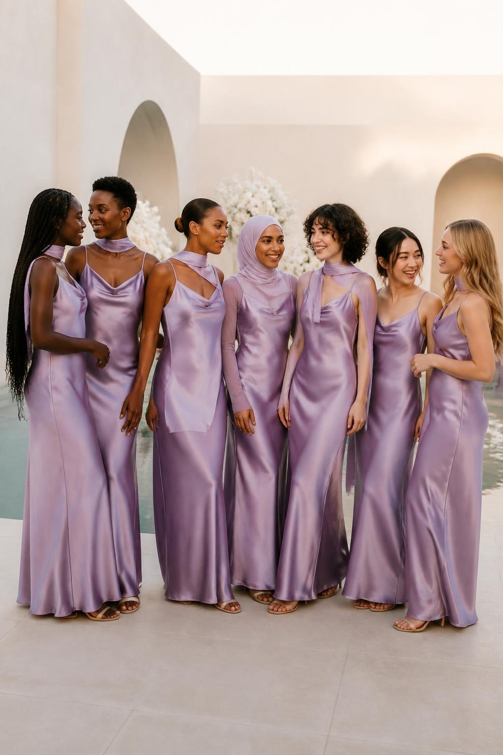 Realistic modern wedding photograph of seven bridesmaids wearing wisteria purple satin slip dresses with matching narrow chiffon scarves styled loosely around the neck, tied at the back, or draped over one shoulder, women with very deep brown, dark brown, cinnamon, golden tan, olive, East Asian light beige, and fair skin tones, petite, tall, slim, curvy, and plus-size figures shown naturally, bright relaxed faces, soft dewy makeup, hairstyles including long braids, short textured hair, smooth hijab styling, a curly bob, polished bun, and loose waves, standing in a minimalist cream courtyard with a reflecting pool, sculptural white flowers, pale stone flooring, and late-afternoon sunlight, natural satin ripples, slightly windblown scarves, candid conversational poses, sophisticated DSLR fashion photography.