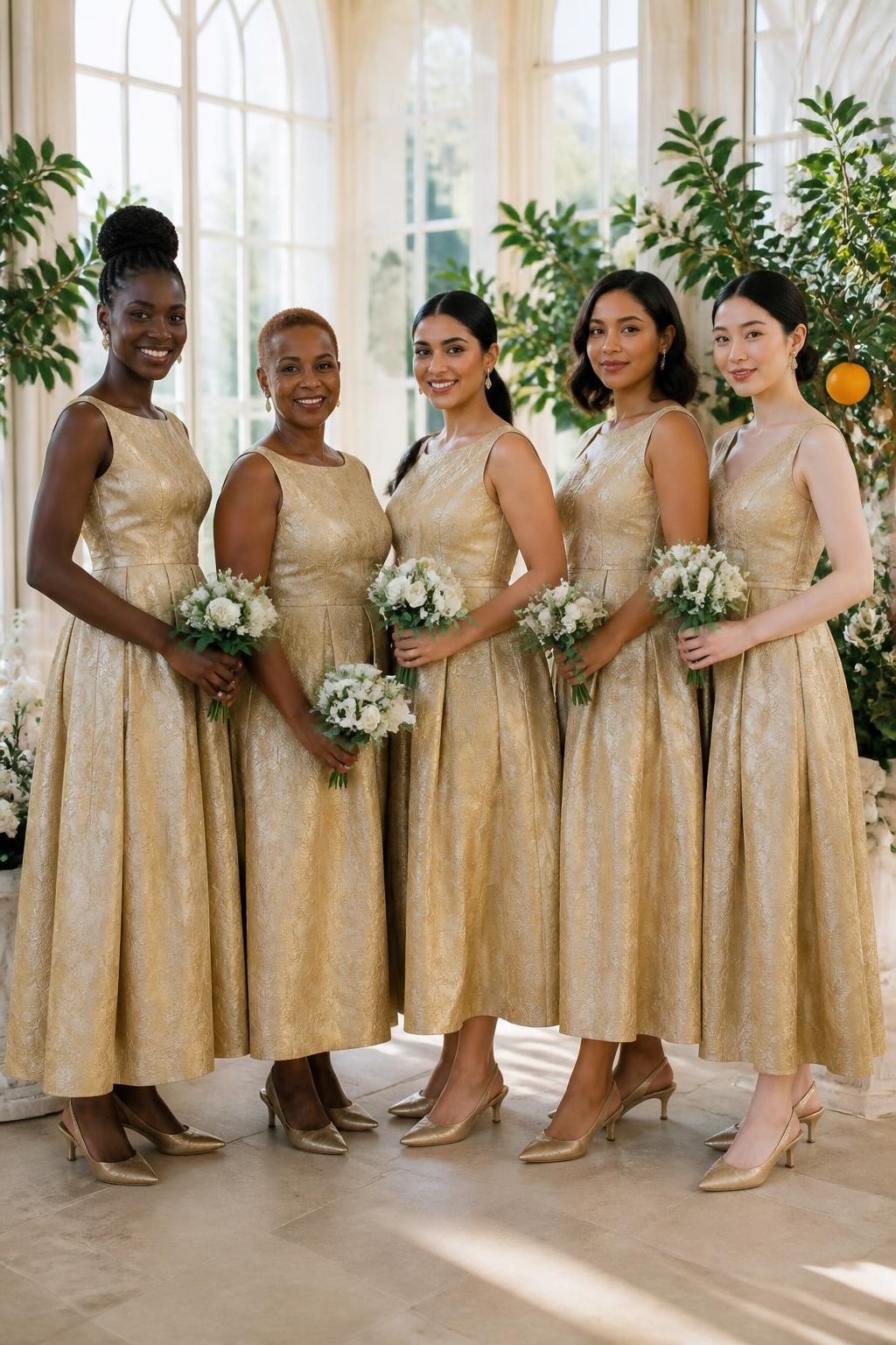 Realistic formal daytime wedding portrait of five bridesmaids wearing pale gold jacquard midi dresses with subtle woven botanical patterns, structured boat and square necklines, defined waists, and full skirts ending between the lower calf and ankle, women with deep ebony, rich warm brown, caramel, South Asian olive, and porcelain skin tones, different ages, heights, and body shapes represented naturally, bright poised faces with individual features, natural makeup and realistic skin texture, hairstyles including a high braided bun, cropped coils, glossy ponytail, shoulder-length waves, and classic chignon, standing inside a bright orangery with tall windows, potted citrus trees, white flowers, and pale limestone floors, angled sunlight revealing the woven gold pattern without excessive glare, realistic fabric stiffness and deep skirt folds, elegant slingback shoes visible.