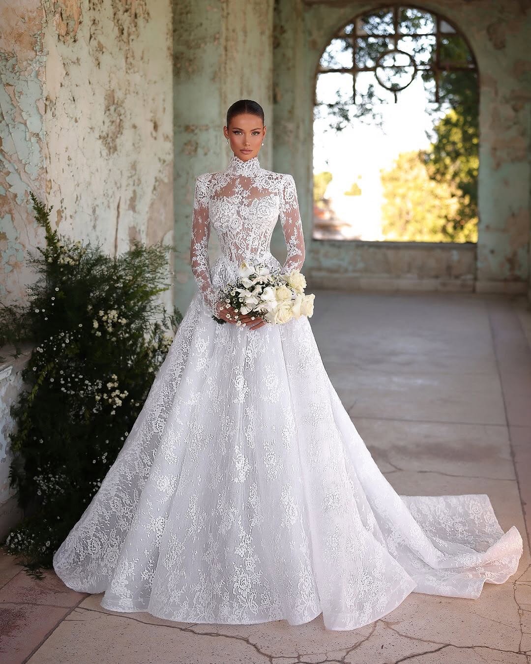 High Neck A-Line Long Sleeve Wedding Dress