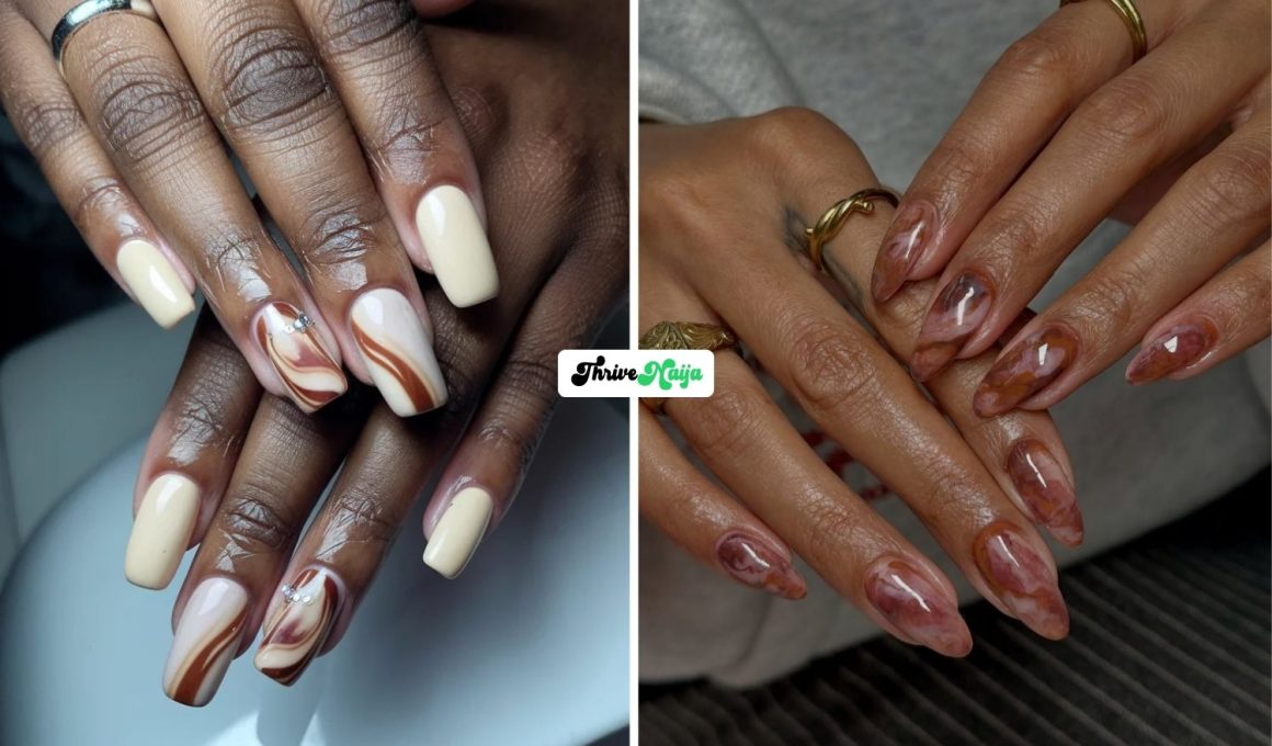 Iced Latte Nails With Soft Cream and Brown Swirls