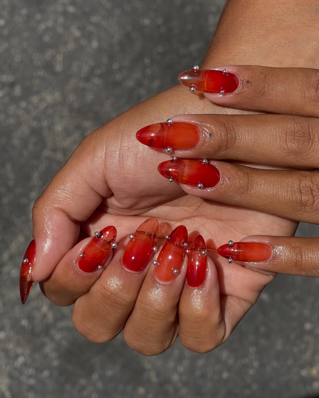 Juicy Raspberry Gel Nails with Gem Stone Details