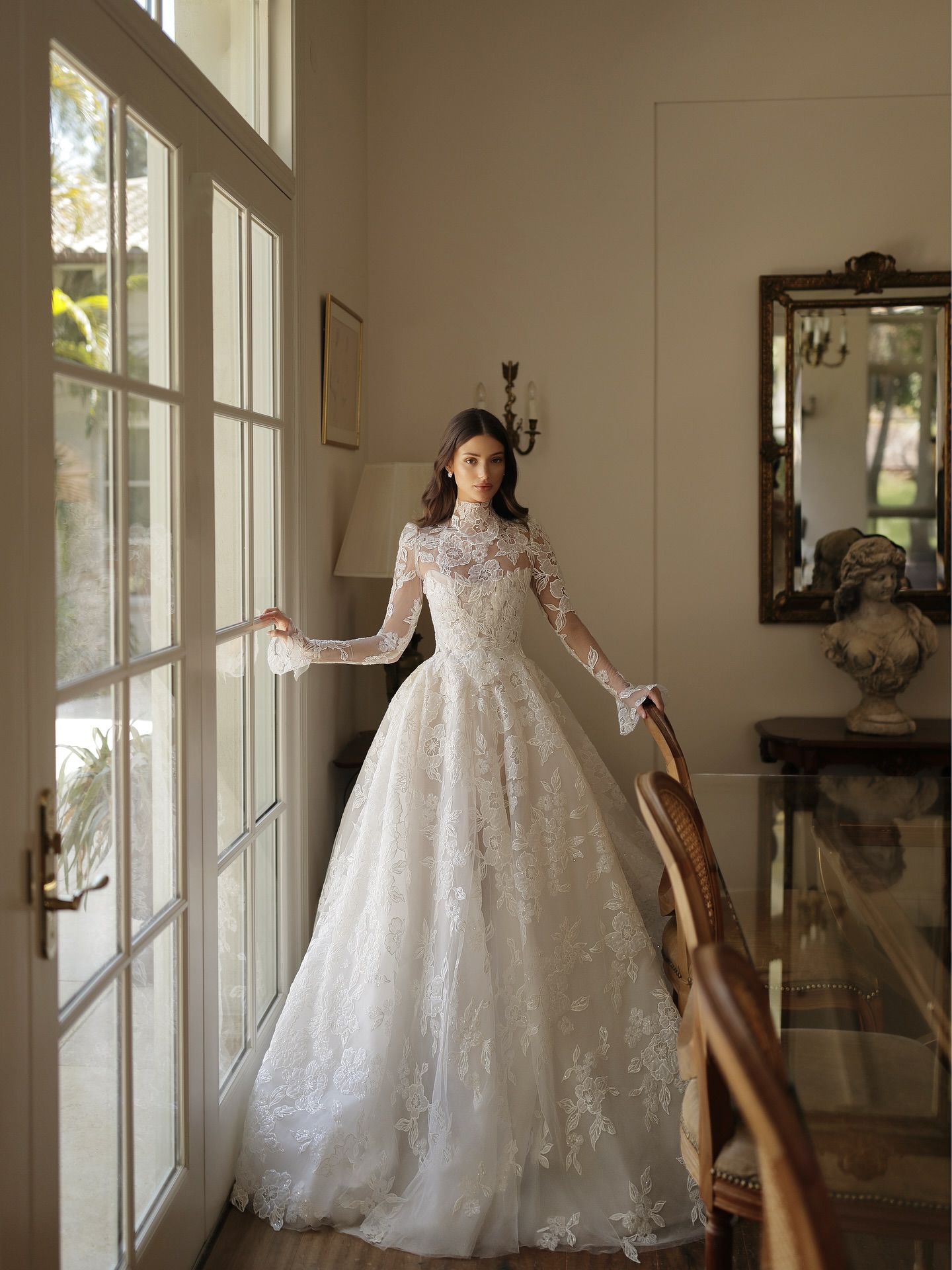 Timeless Long Sleeve Wedding Dress with High Necklace and Floral Lace