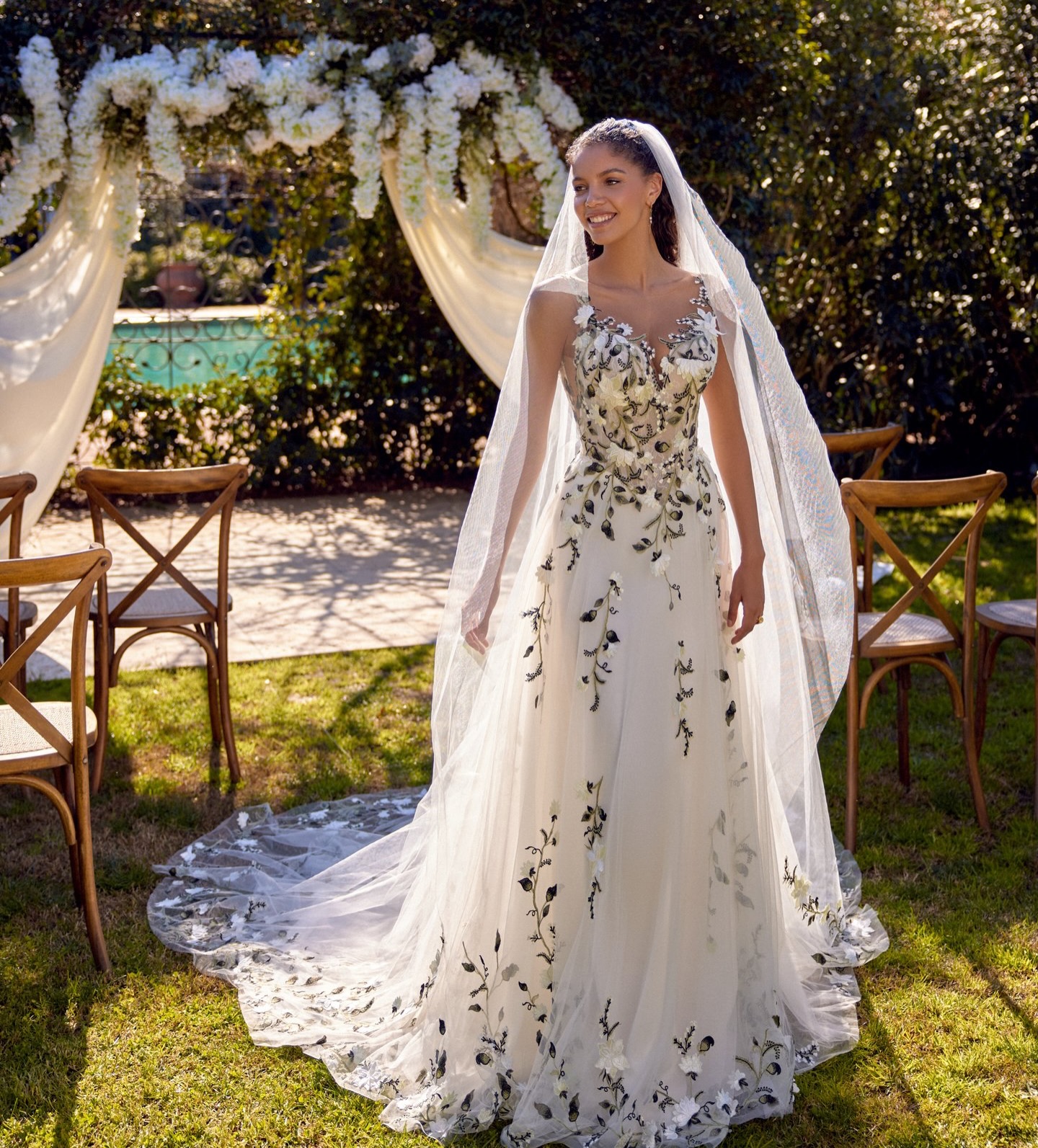 Tulle A-line Wedding Gown with Delicate Green Appliqués