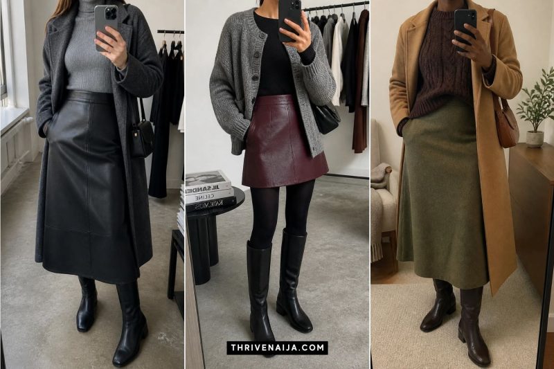Winter Skirt Outfits With Sweaters and Boots