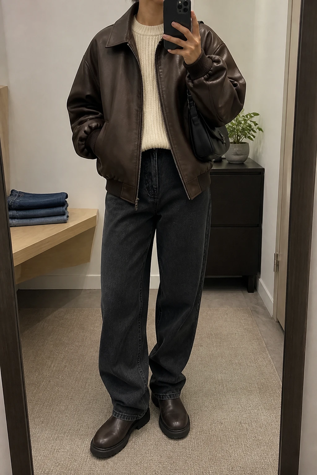 Image Prompt: Mirror selfie of a woman wearing a chocolate brown oversized padded faux-leather bomber jacket over a cream chunky ribbed crewneck sweater, washed black high-waisted baggy straight-leg jeans, dark brown leather chunky flat Chelsea boots, and a small black nylon shoulder bag, holding a phone in front of a mirror, cropped at the NECK so the face does not show, with a relaxed casual selfie pose, in a minimal dressing room, soft indoor lighting, folded denim jeans on a bench and a small plant on a dresser, realistic chocolate leather grain, natural chunky sweater texture and relaxed denim folds, latest iPhone photo quality, no additional clothing or accessories.
