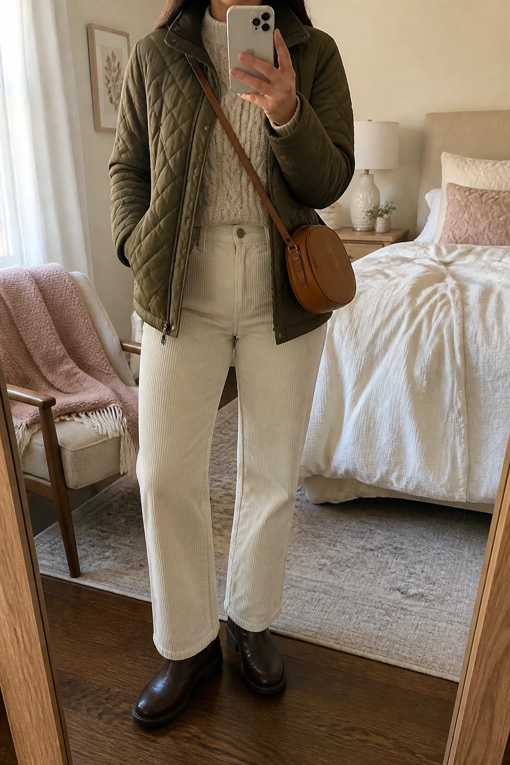 Image Prompt: Mirror selfie of a woman wearing an olive green insulated quilted hip-length jacket over an oatmeal chunky cable-knit crewneck sweater, cream high-waisted straight-leg corduroy trousers, dark brown waterproof leather flat ankle boots with rubber soles, and a small caramel leather crossbody bag, holding a phone in front of a mirror, cropped at the NECK so the face does not show, with a relaxed casual selfie pose, in a feminine-themed bedroom, soft natural window light, soft pillows on an unmade bed and a folded blanket on a chair, realistic olive quilted fabric, natural cream corduroy ridges, soft oatmeal cable-knit texture, latest iPhone photo quality, no additional clothing or accessories.