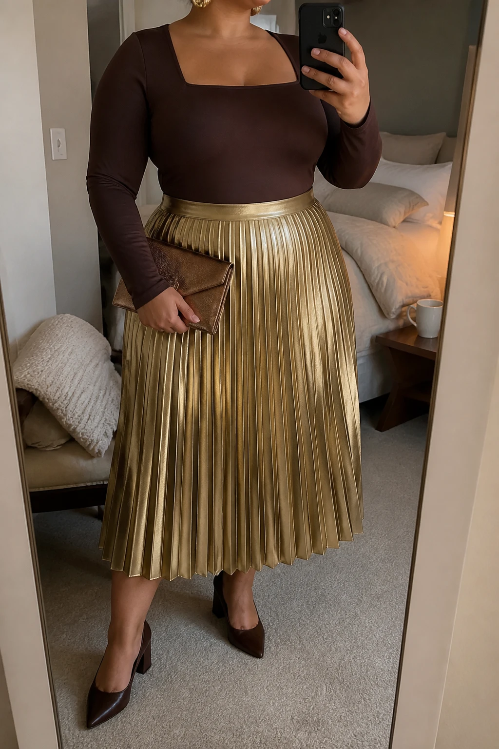Mirror selfie of a plus size woman wearing a metallic gold pleated midi skirt, a fitted chocolate brown long-sleeve square-neck bodysuit, dark brown pointed block heels, a bronze envelope clutch, and chunky gold cuff earrings, clearly showing the exact clothing items, gold pleats, chocolate fabric, colors, footwear, and accessories listed, holding a phone in front of a mirror, cropped at the neck so her face is hidden, relaxed polished selfie pose, in a cozy bedroom mirror setup with soft indoor lighting, a folded blanket on a chair and a coffee mug on a bedside table, realistic birthday dinner styling, latest iPhone photo quality.