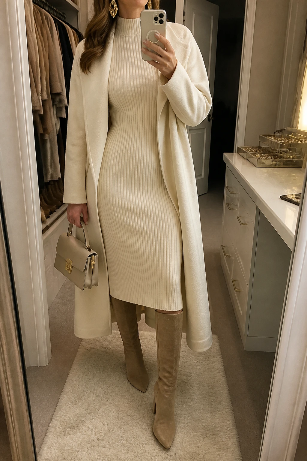 Image Prompt: Mirror selfie of a woman wearing an ivory long-sleeve fitted ribbed knit midi dress with a high neckline, camel suede knee-high heeled boots, a long cream wool wrap coat worn open, a small champagne gold structured handbag, and gold sculptural statement earrings, holding a phone in front of a mirror, cropped at the NECK so the face does not show, with a relaxed casual selfie pose, in a walk-in closet mirror, warm soft indoor lighting, an open closet with clothes visible and a jewelry tray on the vanity, realistic winter knit texture and natural cream tones, latest iPhone photo quality, no additional clothing or accessories.