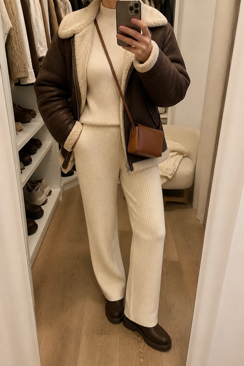 Image Prompt: Mirror selfie of a woman wearing a chocolate brown faux-suede shearling-lined jacket with a cream fleece collar over a cream fine-knit fitted mock-neck sweater, matching cream straight-leg ribbed knit trousers, dark brown leather chunky flat ankle boots, and a small caramel leather crossbody bag, holding a phone in front of a mirror, cropped at the NECK so the face does not show, with a relaxed casual selfie pose, in a walk-in closet mirror, warm soft indoor lighting, an open closet with clothes visible and a folded blanket on a chair, realistic shearling texture, true-to-life cream and brown tones, latest iPhone photo quality, no additional clothing or accessories.
