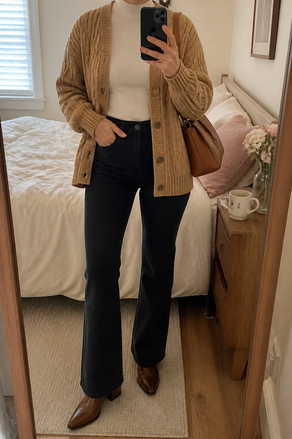 Image Prompt: Mirror selfie of a woman wearing a camel chunky cable-knit button-front cardigan over an ivory fitted long-sleeve mock-neck top, solid black high-waisted bootcut denim jeans, chocolate brown leather pointed-toe ankle boots with low block heels, and a medium caramel leather shoulder bag, holding a phone in front of a mirror, cropped at the NECK so the face does not show, with a relaxed casual selfie pose, in a feminine-themed bedroom, soft natural window light, a coffee mug on a bedside table and soft pillows on an unmade bed, realistic camel cable-knit stitches, natural black bootcut denim folds and warm leather texture, latest iPhone photo quality, no additional clothing or accessories.