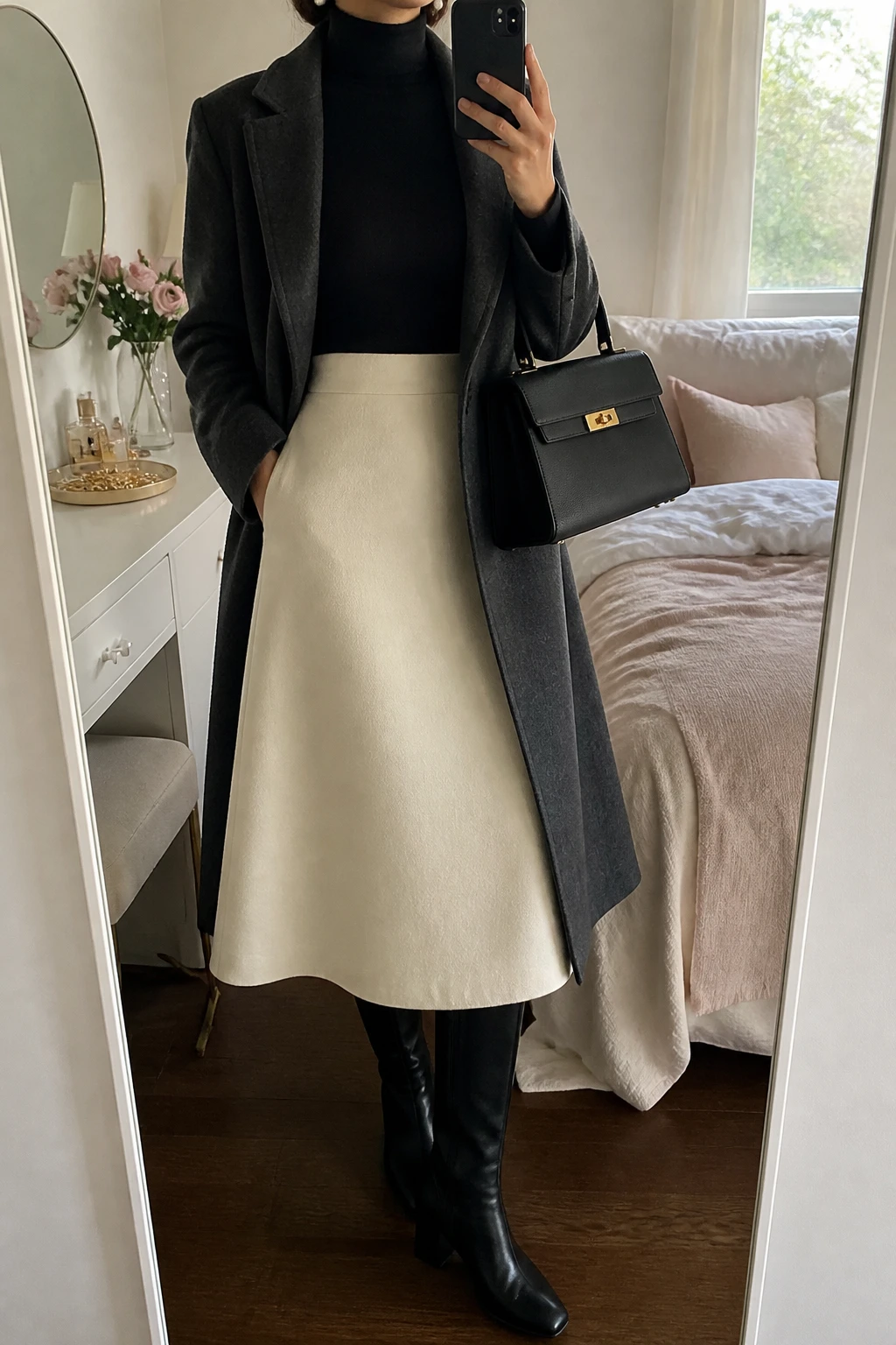 Image Prompt: Mirror selfie of a woman wearing a black fitted cashmere turtleneck sweater tucked into an ivory wool-blend A-line midi skirt with a softly structured shape, black polished leather knee-high boots with low block heels, a long charcoal grey tailored wool coat worn open, a structured black leather top-handle handbag, and classic pearl stud earrings, holding a phone in front of a mirror, cropped at the NECK so the face does not show, with a relaxed casual selfie pose, in a feminine-themed bedroom, soft natural window light, soft pillows on an unmade bed and a jewelry tray on the vanity, realistic ivory wool skirt fabric, natural black cashmere texture and elegant everyday proportions, latest iPhone photo quality, no additional clothing or accessories.