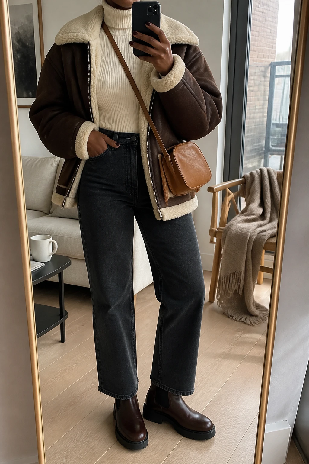 Image Prompt: Mirror selfie of a black woman wearing a chocolate brown oversized faux-suede shearling-lined jacket with a thick cream fleece collar, an ivory fitted ribbed turtleneck sweater, washed black high-waisted straight-leg denim jeans, dark brown leather chunky Chelsea boots with flat rubber soles, and a small caramel leather crossbody bag, holding a phone in front of a full-length mirror, cropped at the NECK so the face does not show, with a relaxed casual selfie pose, in a stylish city apartment, soft natural window light, a coffee mug on a side table and a folded blanket on a chair, realistic chocolate faux-suede texture, natural cream shearling details, slightly creased black denim, latest iPhone photo quality, no additional clothing or accessories.